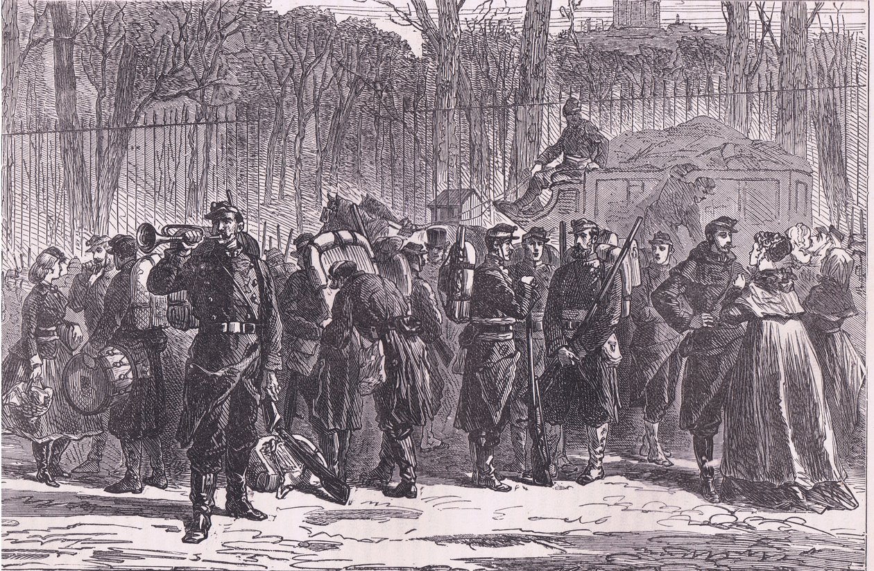 Avgång av det tionde regementet av nationella gardister till avancerade poster, Cassells historia om kriget mellan Frankrike och Tyskland publicerad av Cassell and Company Limited, ca 1890 (litho) av German School