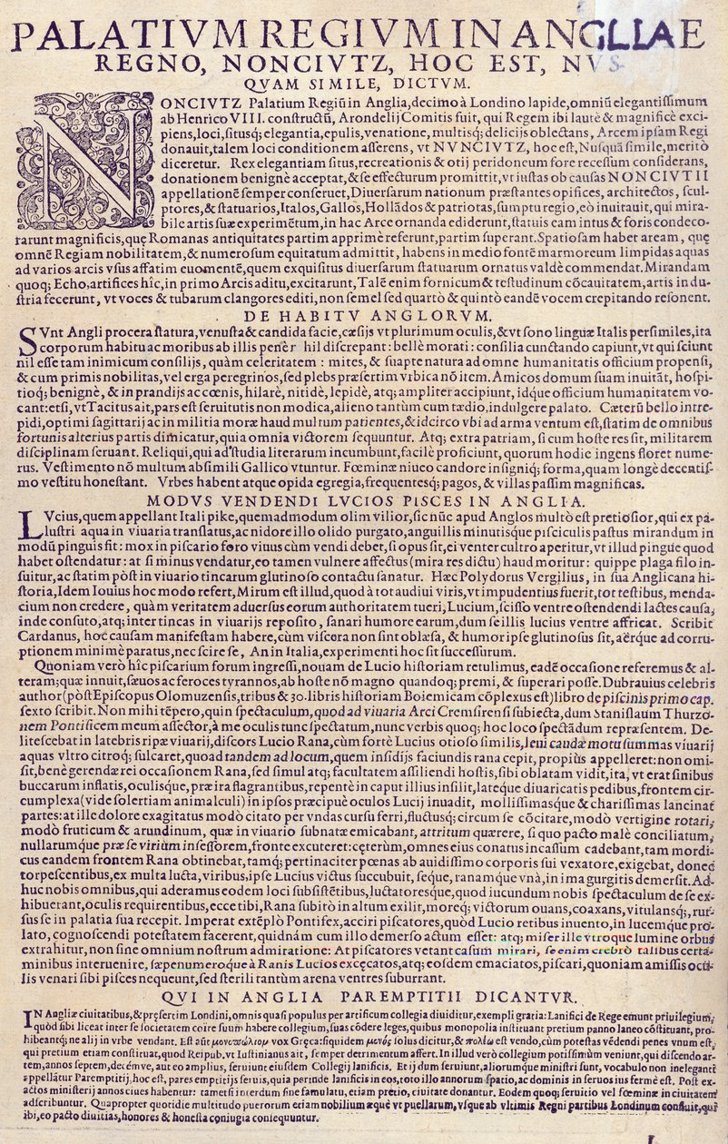 Beskrivning av Palace of Nonesuch, engelska människor, deras utseende och seder, sätt att sälja fisk i England och beskrivning av lärlingssystemet, 1598 (tryckt papper) (se även 3 av German School