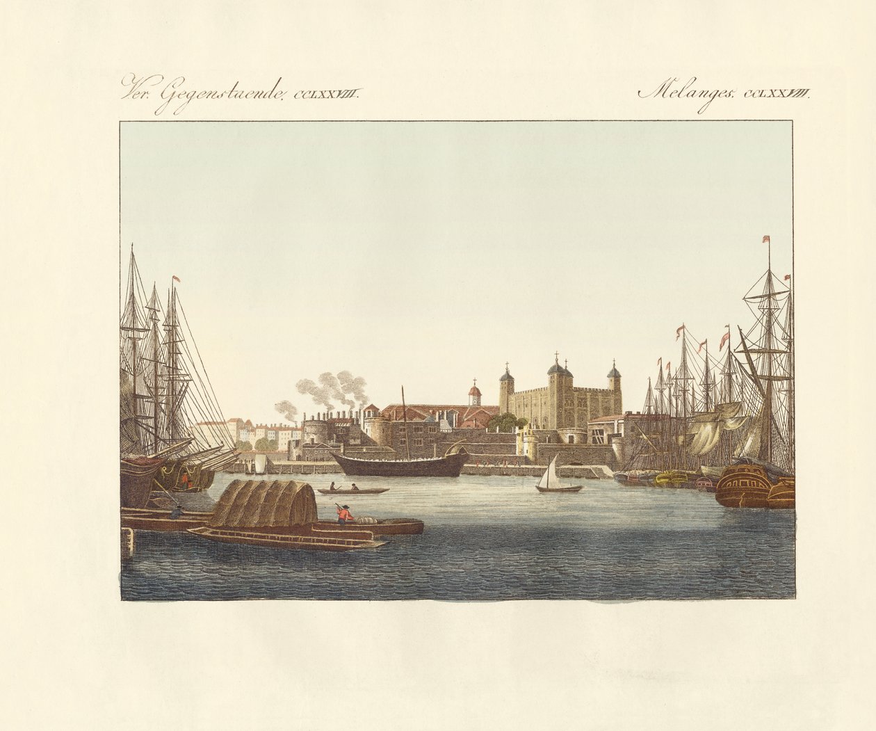 Beskrivning av Tower of London (färgad gravyr) av German School