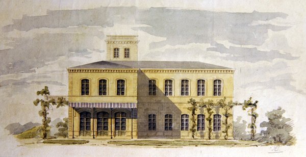 Design för en italiensk klassisk villa, ca 1850 (akvarell med penna och bläck på papper) av German School