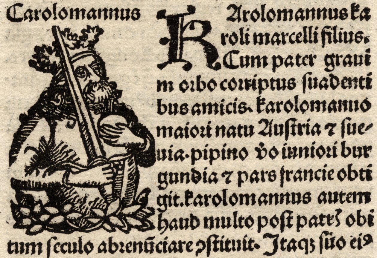 Detalj från ett original incunabelt blad, föreställande Karl den Store (742-814) före 1500 (se även 237071) av German School