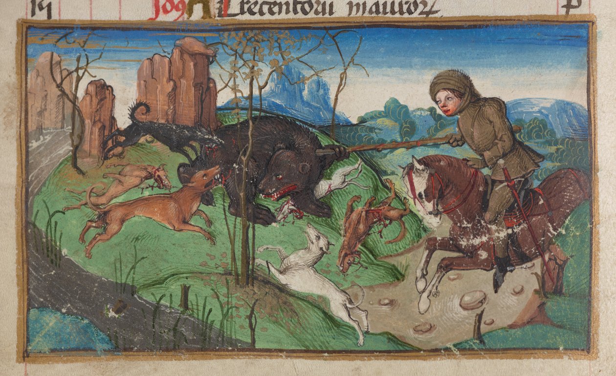 Detalj av en miniatyr av en adelsman som ägnar sig åt björnjakt, från kalendersidan för oktober, ca. 1475-1485 av German School