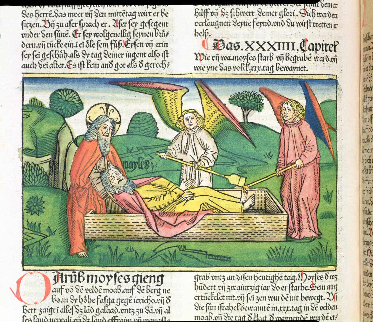 Femte Mosebok 34 Moses död, från Nürnbergbibeln (Biblia Sacra Germanaica) (färgat träsnitt) av German School