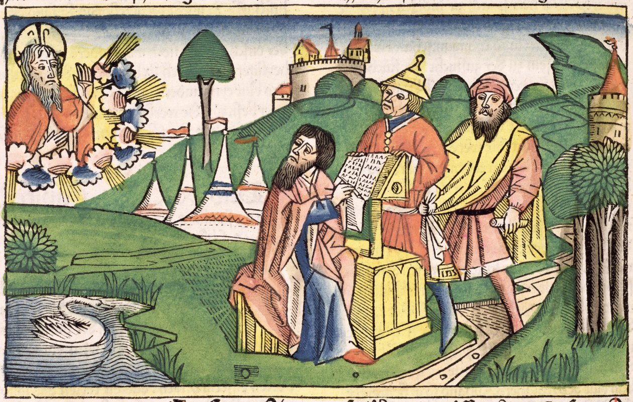 Femte Mosebok: Frontispice där Gud skapar lagarna, från Nürnbergbibeln (Biblia Sacra Germanaica) (färgat träsnitt) av German School
