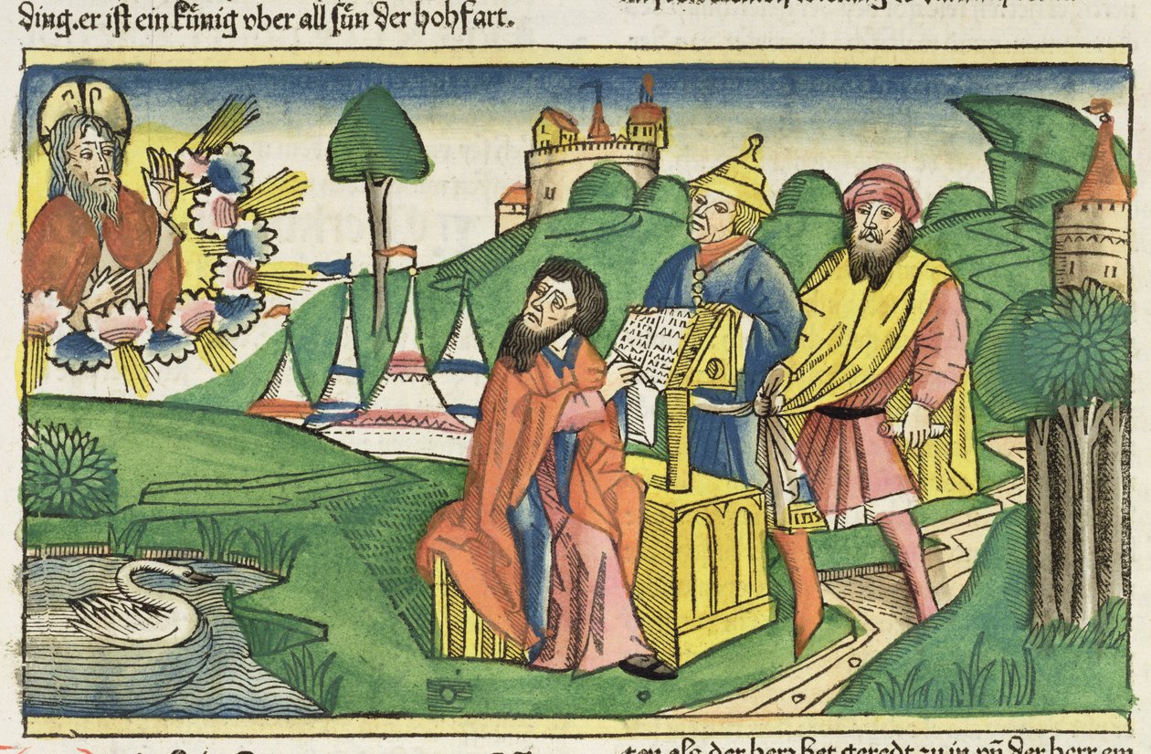 Femte Mosebok: Frontispice där Gud skapar lagarna, från Nürnbergbibeln (Biblia Sacra Germanaica) (färgat träsnitt) av German School