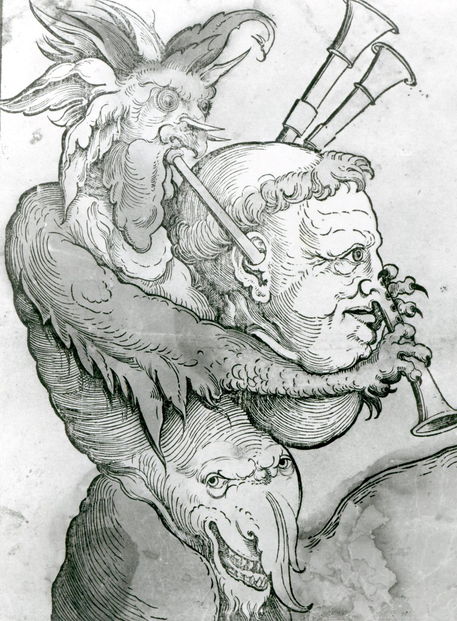 Devil Playing Mans Head as Bagpipes, 1144 (träsnitt) av German School