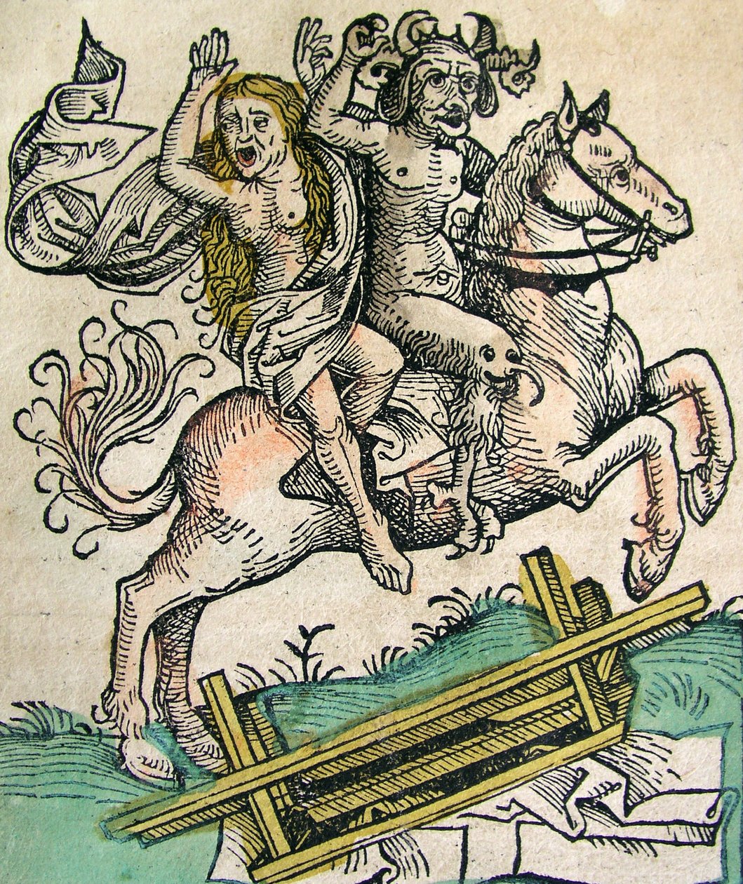 Djävulen och en kvinna till häst, publicerad i Nürnbergkrönikan, 1493 av German School
