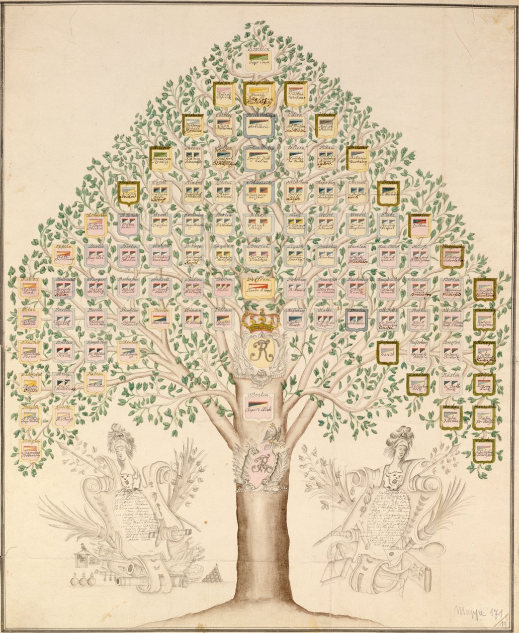 Diagram över de 97 stationerna för regementena som utgjorde den kungliga preussiska armén, 1756 (penna, bläck och wc på papper) av German School
