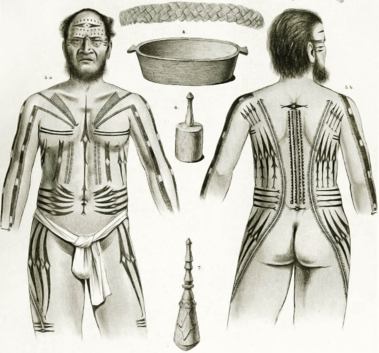 Diagram som visar olika polynesiska artefakter och tatueringsmönster, 1888 av German School