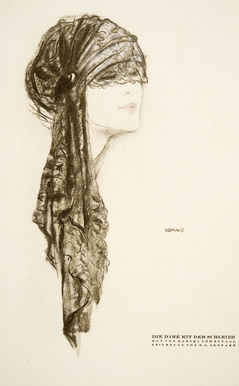 Die Dame mit dem Schleier, hatt av Martha Lowenthal, ur Styl, utg.1922 (pochoirtryck) av German School