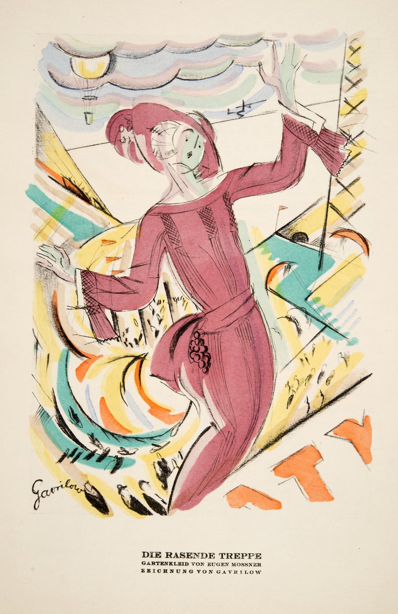 "Die Rasende Treppe", annons för klänning av Eugen Mossner, ur Styl, utg.1922 (pochoirtryck) av German School