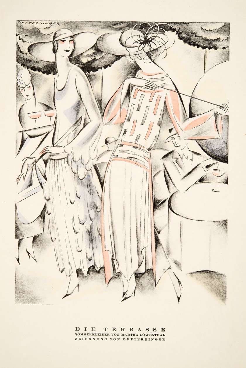 "Die Terrasse" Annons för sommarklänningar av Martha Lowenthal, från Styl, pub.1922 (pochoirtryck) av German School