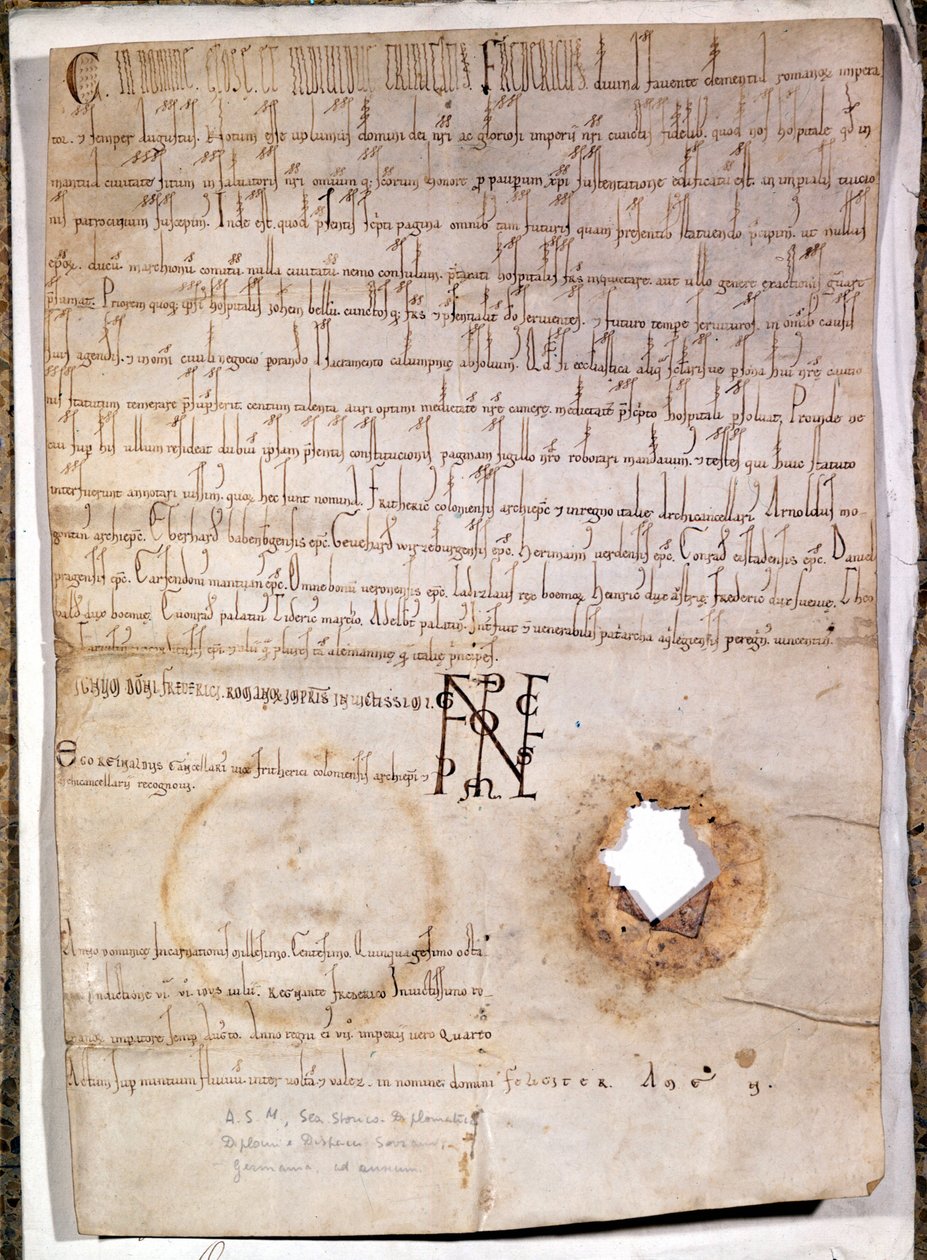 Diplom för sjukhuset i Mantua daterat 10 juli 1158. Dokumentet är undertecknat av den tyske kejsaren Fredrik I Barberossa (1122 - 1190). Milanos nationalarkiv. av German School