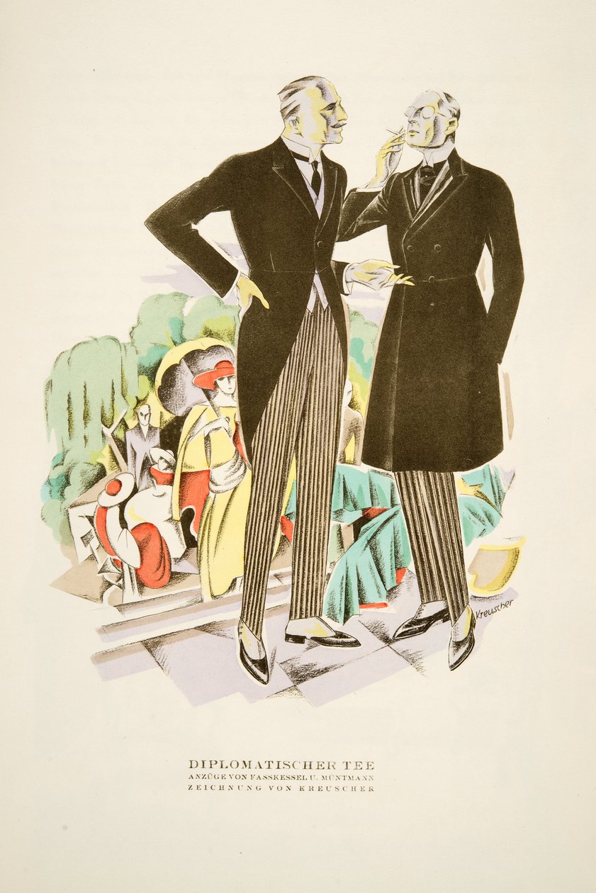 Diplomatischer Tee, kostymer av Fasskessel U. Muntmann, från Styl, pub.1922 (pochoirtryck) av German School