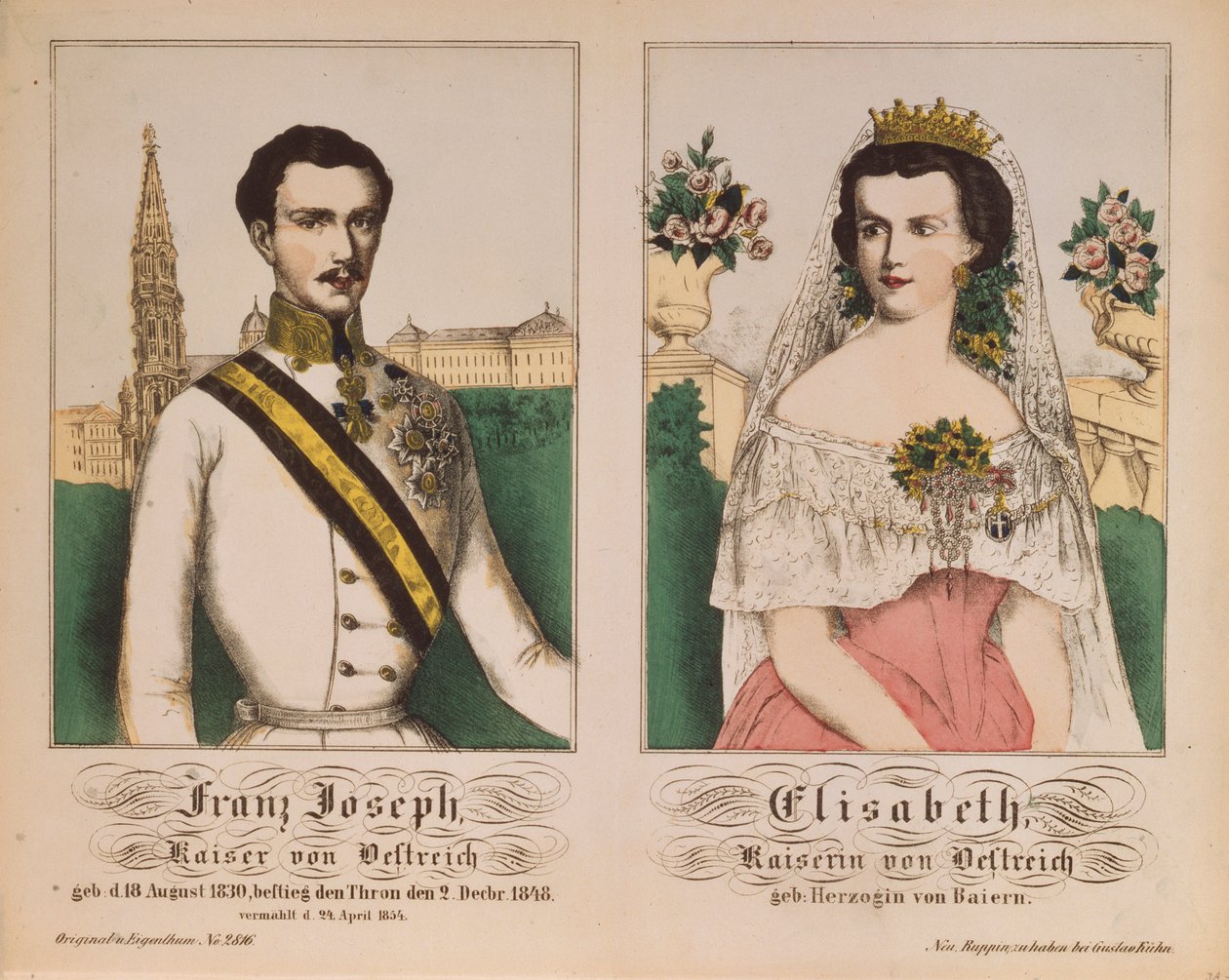 Dubbelporträtt av kejsar Franz Josef I av Österrike och kejsarinnan Elizabeth, från Neuruppiner Bilderbogen, 1854 av German School