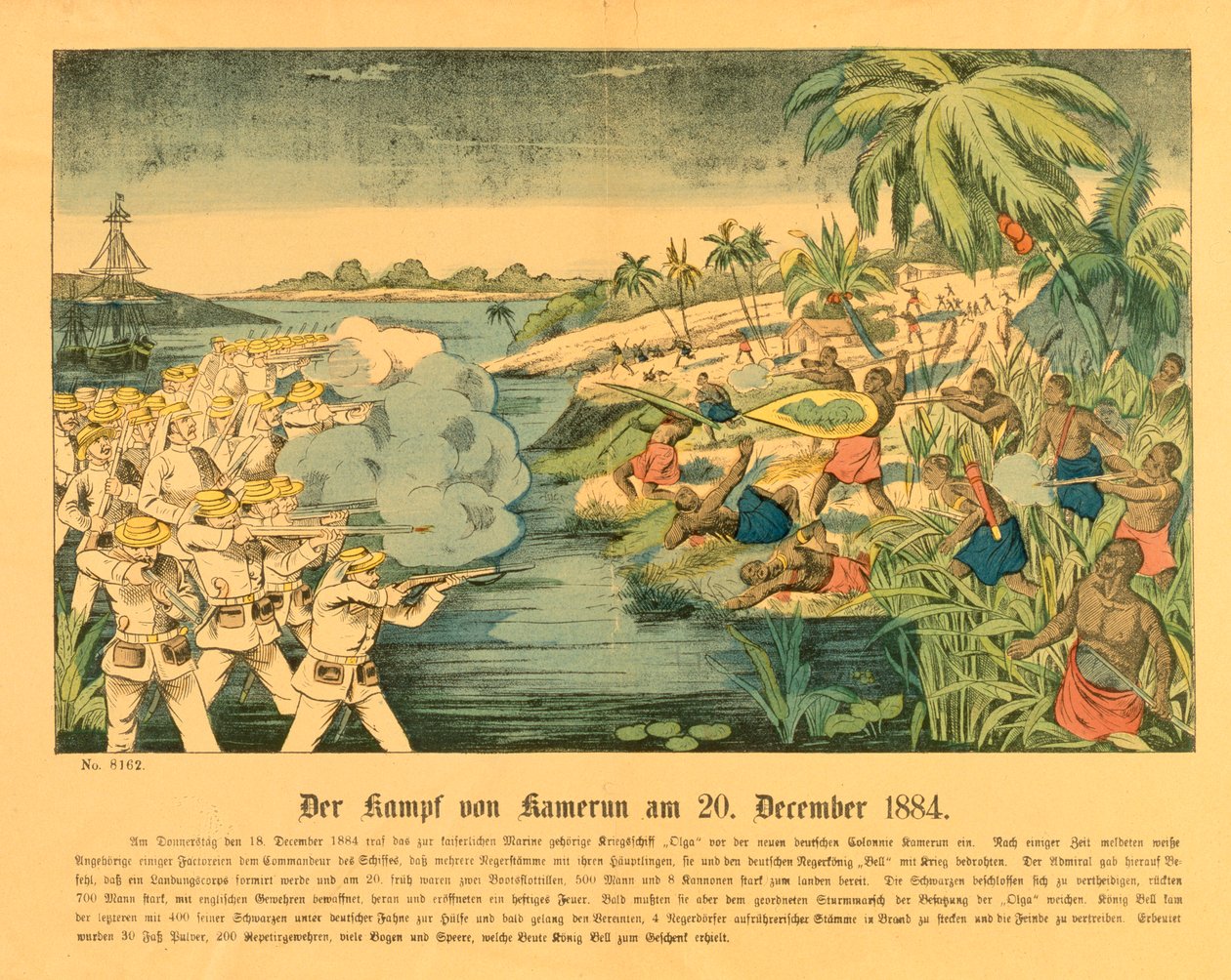Duala-upproret i tyska Kamerun, med SMS:et Olga i bakgrunden, 20 december 1884, 1884 av German School