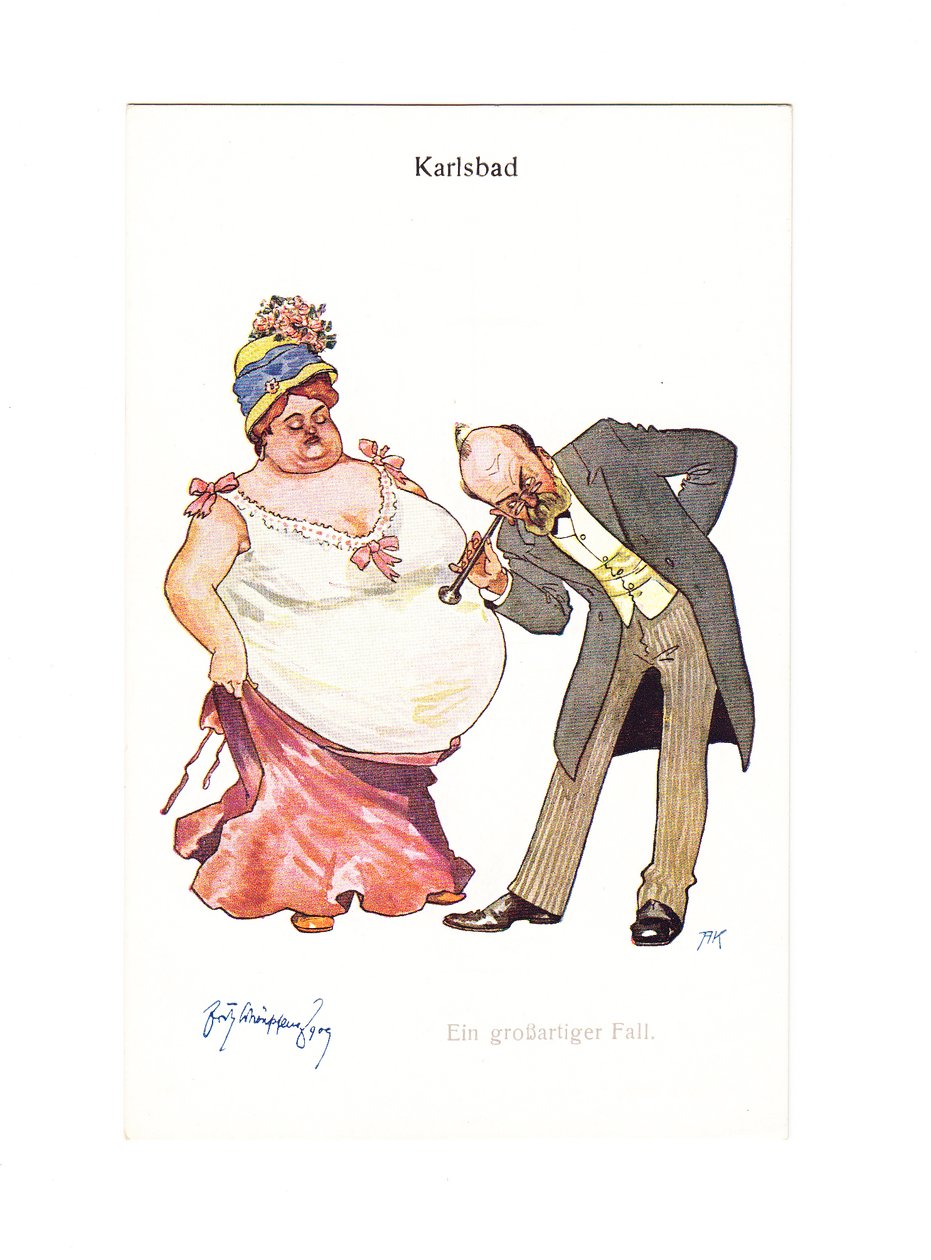 Edwardianskt humoristiskt vykort av en läkare med sin hörsnäcka till en mycket tjock kvinnas mage, ca 1910 (färg litho) av German School