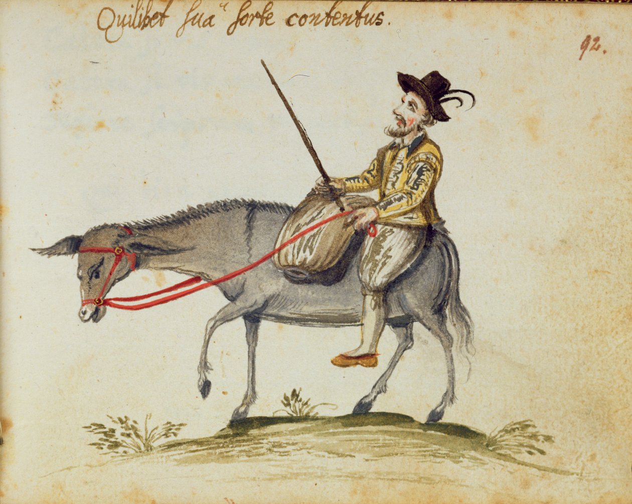 Egerton 1269 f.92 Man riding a mule, från albumet Amicorum, av Moyses Walens, Köln av German School