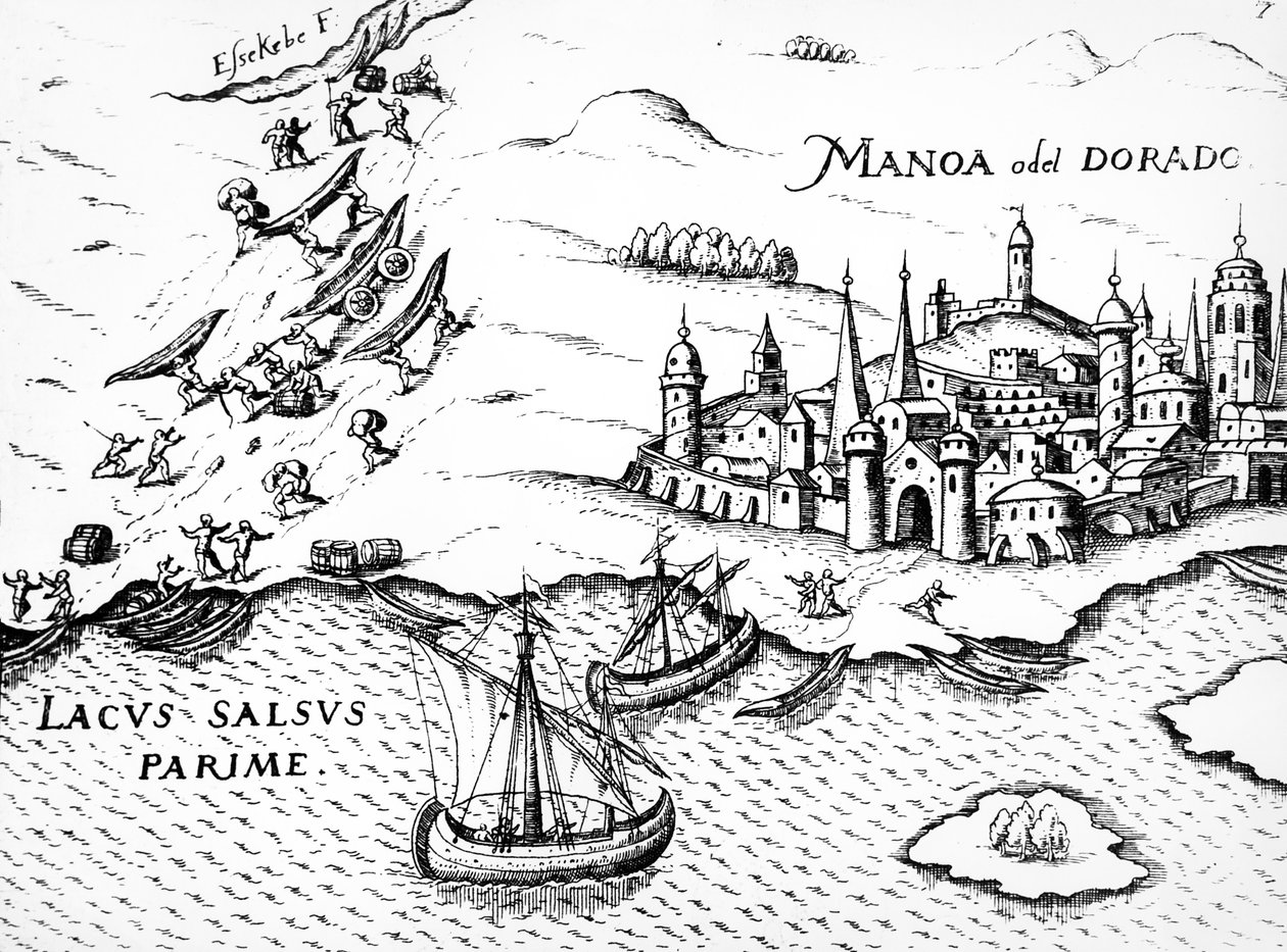 Eldorado, illustration från Regni Guianae, av G. Raleigh, 1594-96 av German School