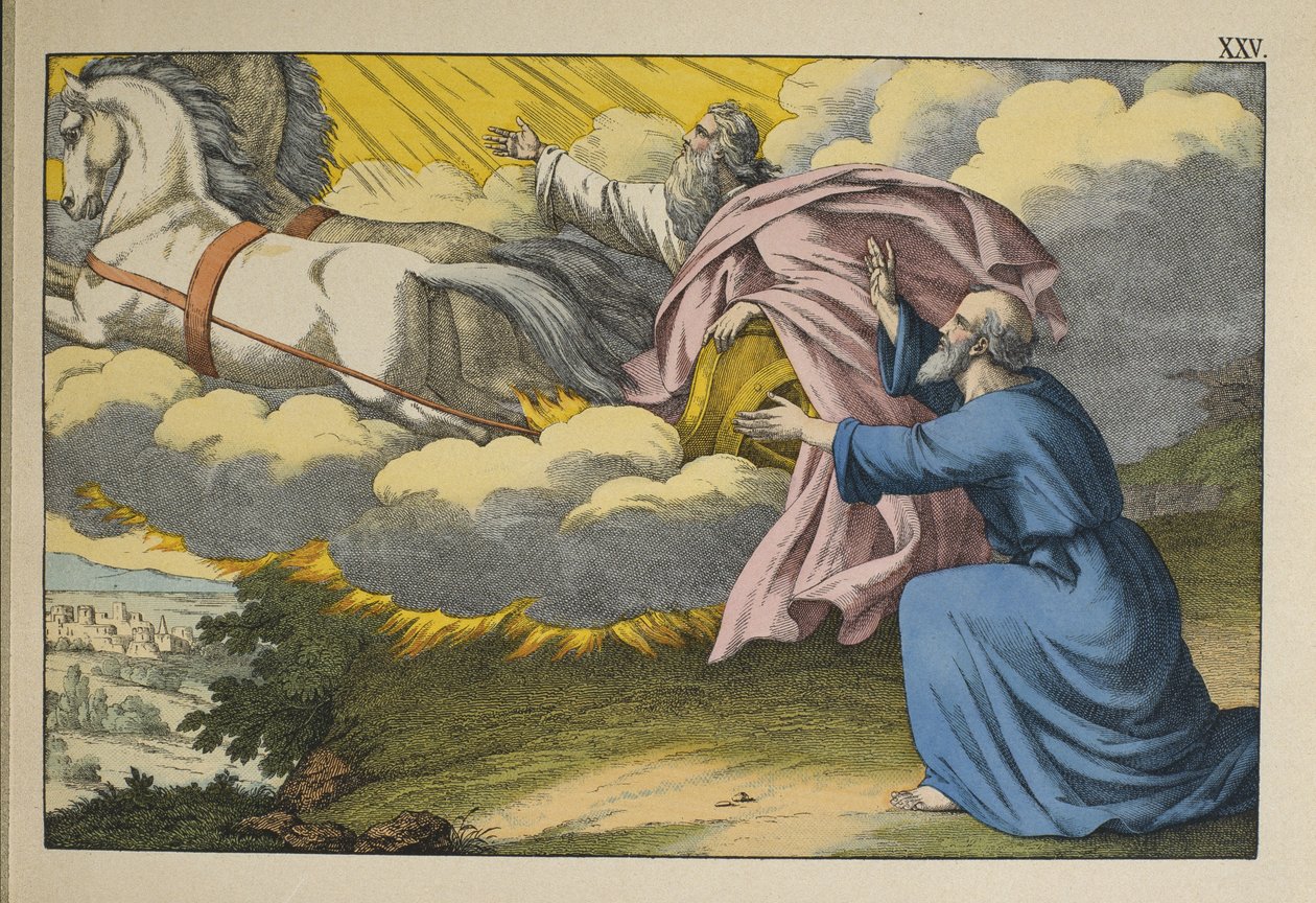 Elia stiger upp till himlen i en virvelvind och lämnar sin lärjunge Elisha för att fortsätta sitt arbete, illustration från LAncien Testament, utgiven av Jakob Ferdinand Schreiber, Esslingen (färgstick) av German School