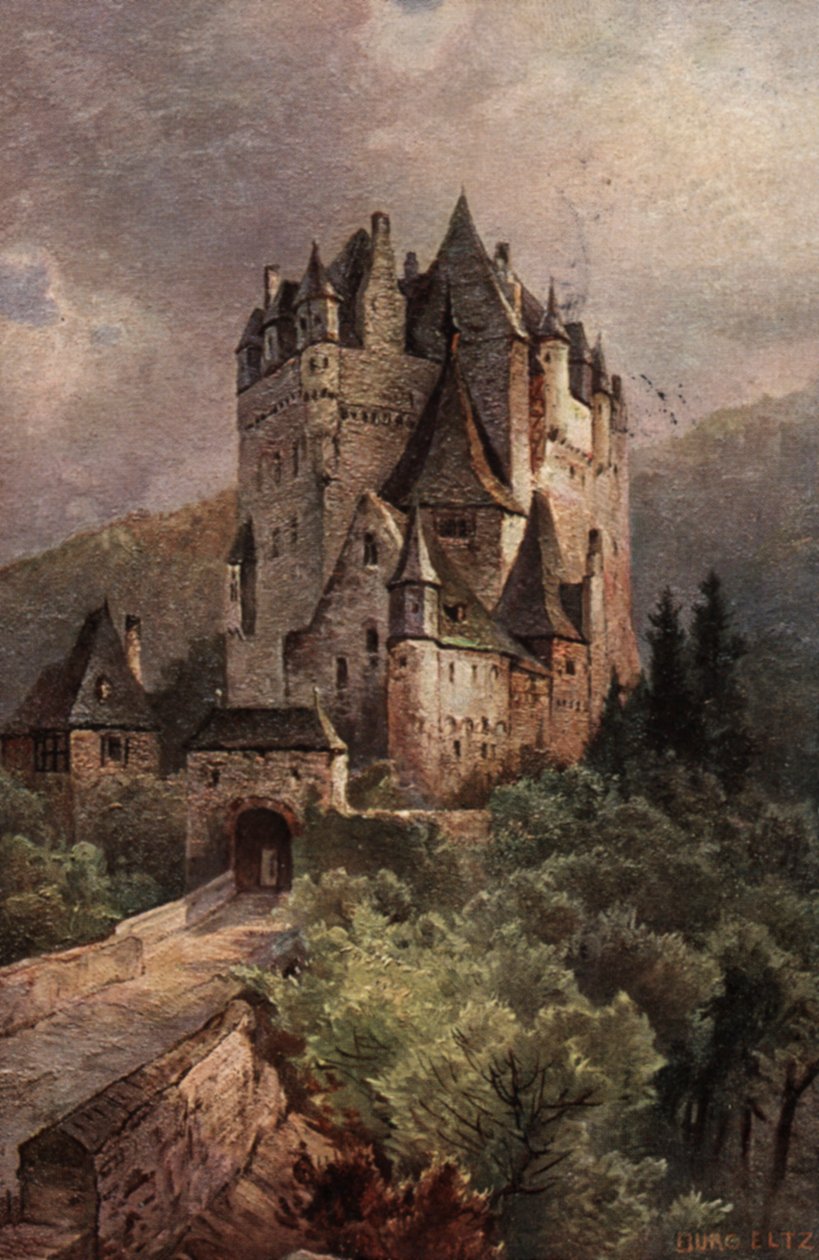 Slottet Eltz, Moseldalen, Tyskland (färglitografi) av German School