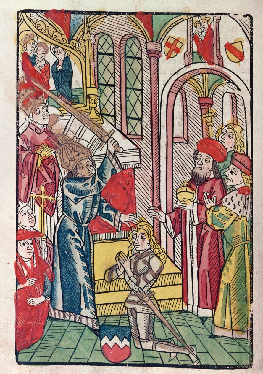 Kejsar Sigismund (1367-1437) av Luxemburg dubbar en riddare (träsnitt i färg) av German School