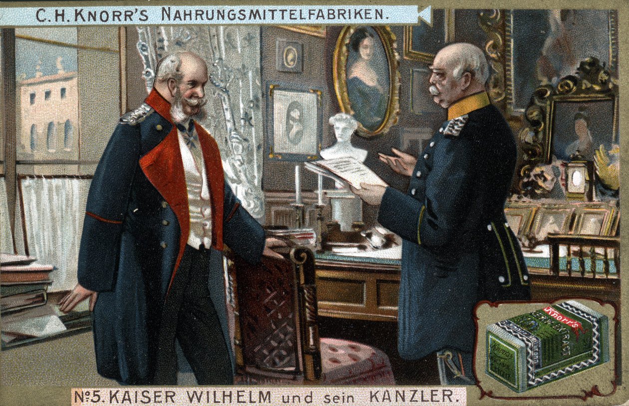 Kejsar Vilhelm I av Tyskland och Preussen (1797-1888) och förbundskansler Otto von Bismarck (1815-1898) diskuterar politiska frågor. Kromolitografi, sent 1800-tal. av German School