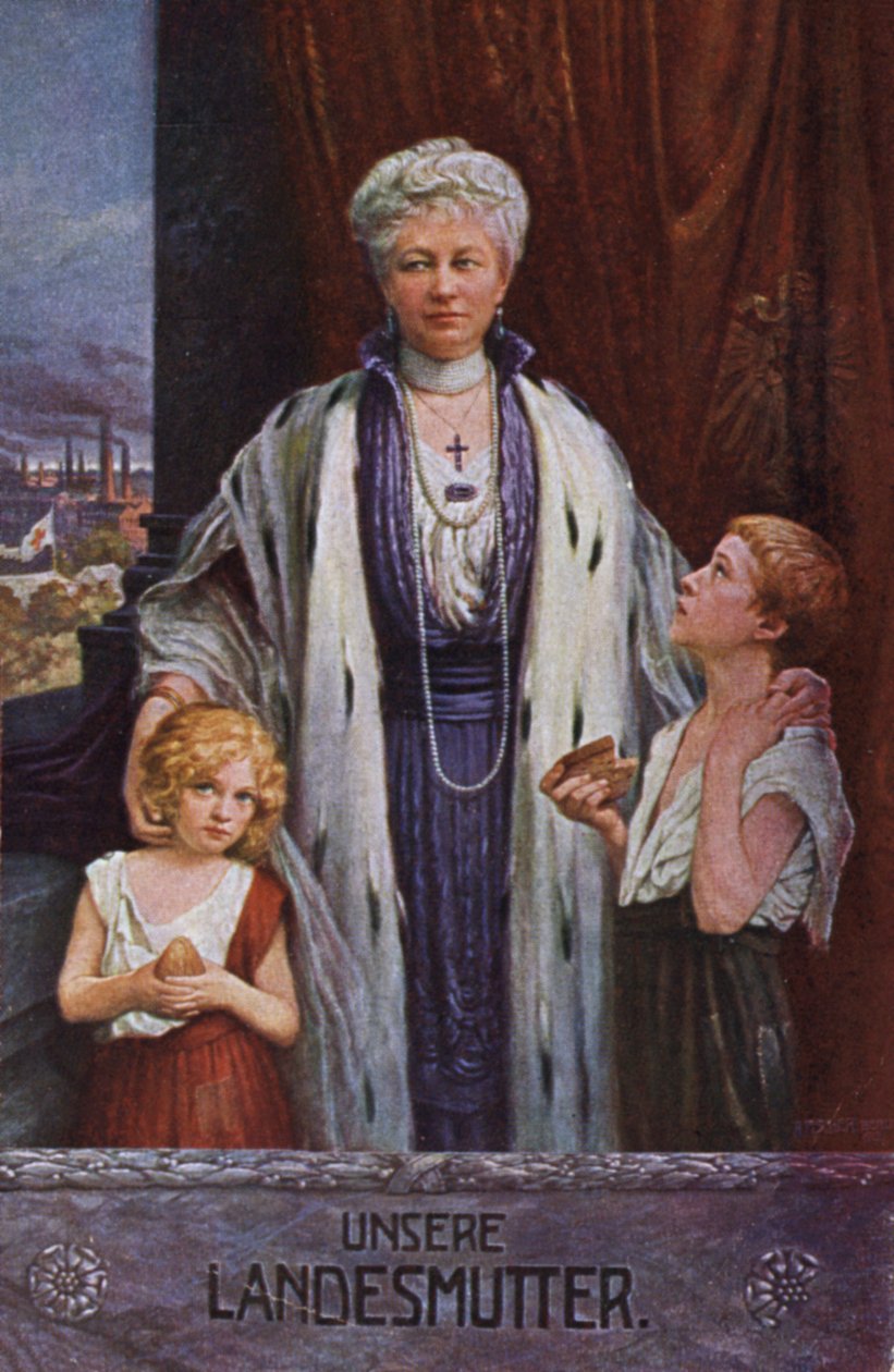 Kejsarinnan Augusta Victoria av Tyskland, nationens moder (färglitografi) av German School