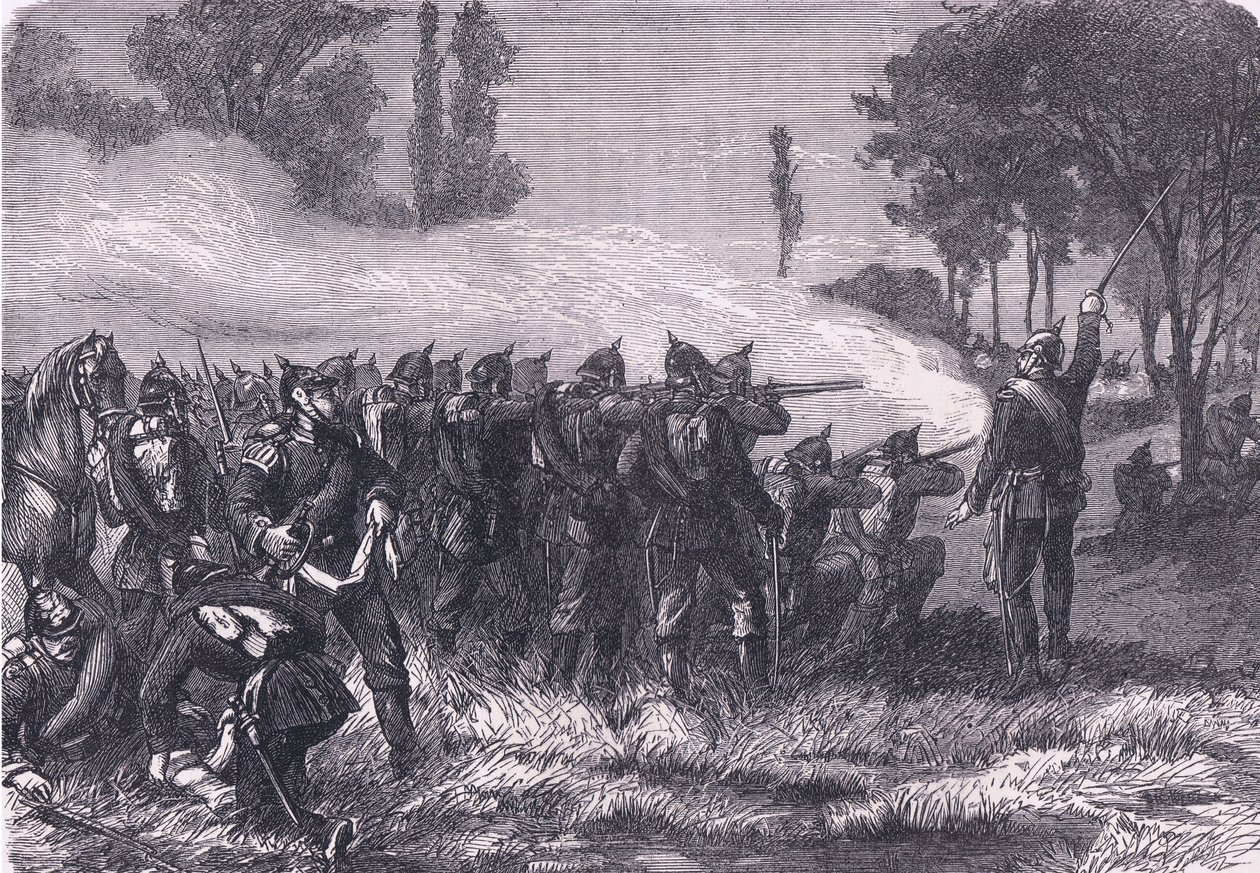 Encounter in the woods before Metz, Cassells History of the War between France and Germany publicerad av Cassell and Company Limited, ca 1890 (litho) av German School