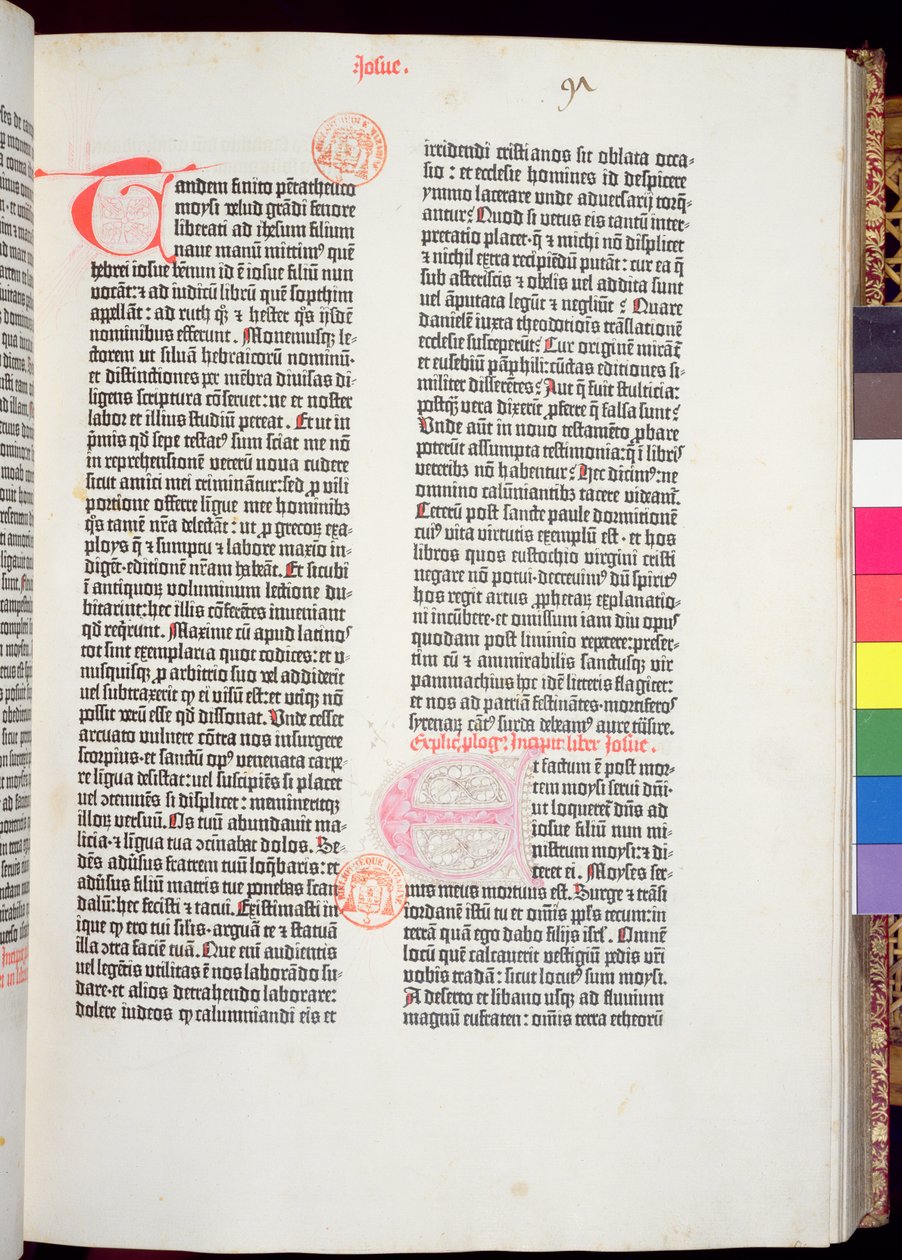 Slutet av Pentateuchen och början av Joshuas bok, från Gutenbergbibeln, tryckt av Johannes Gutenberg (ca 1400-68) & och Peter Schoeffer (1425-1502) i Mainz, 1454-56 (tryckt papper) av German School