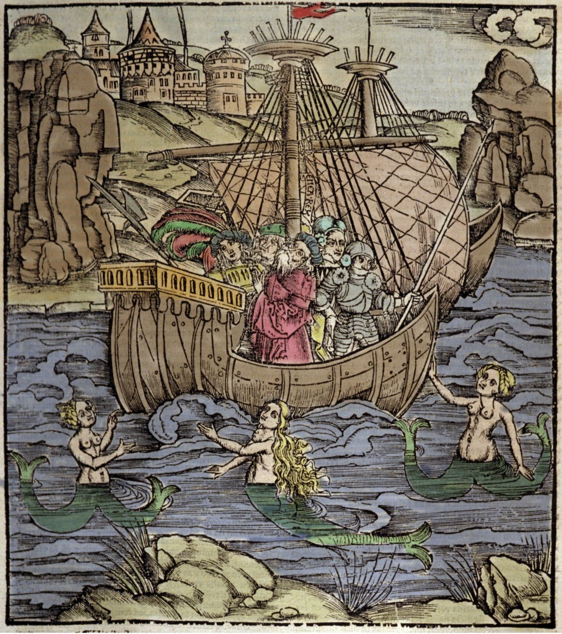 Aeneiden av Vergilius (70 f.Kr.-19 f.Kr.), den trojanska hjälten Enee och hans följeslagare korsar ett hav fullt av sirener. Xylografi av Sebastian Brant (1458-1521). Strasbourg av German School