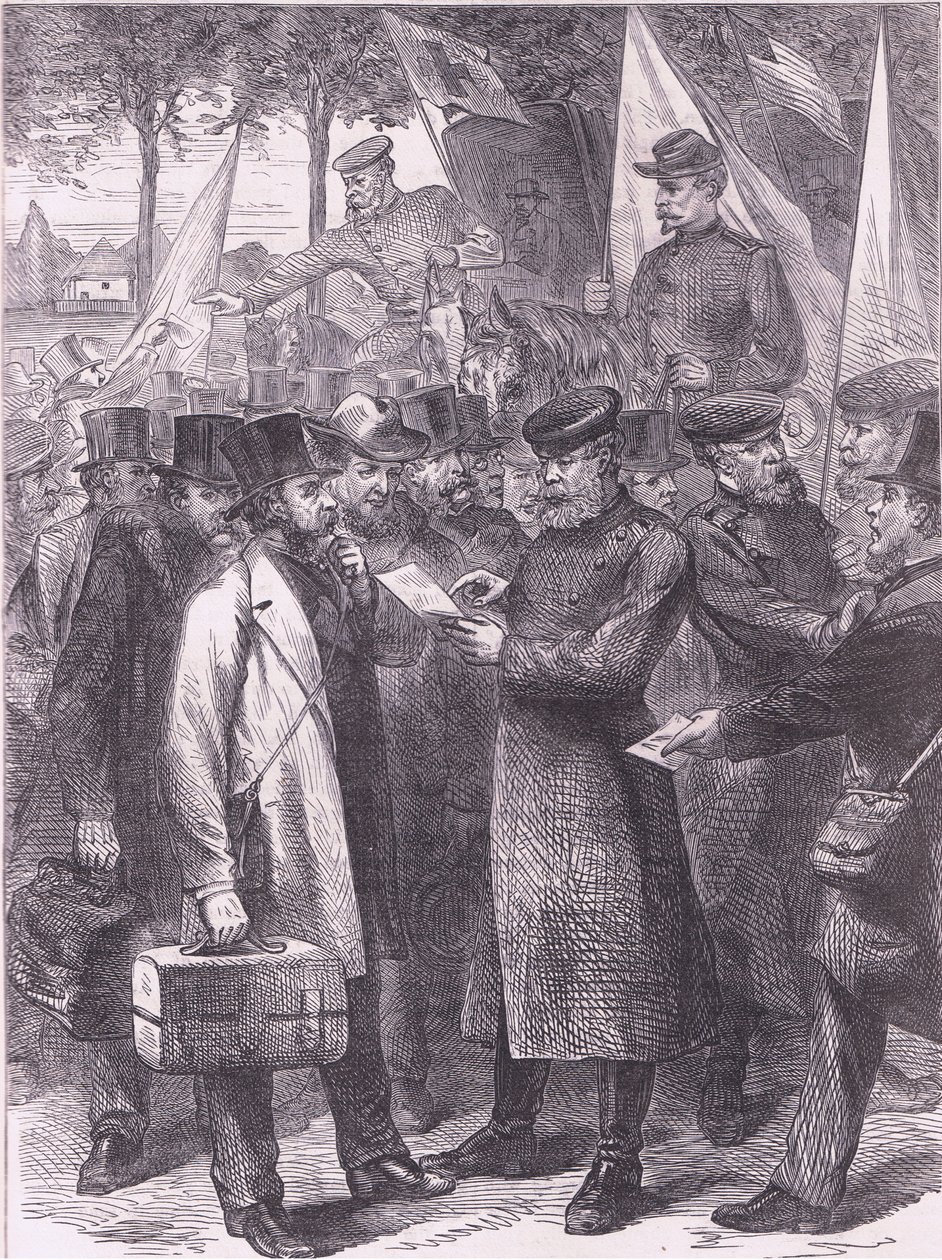 Engelska invånare som lämnar Paris, Cassells historia om kriget mellan Frankrike och Tyskland publicerad av Cassell and Company Limited, ca 1890 (litho) av German School