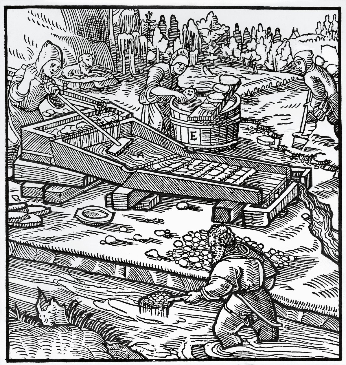 Gravyr från De re metallica (Om metallers natur), av Georg Pawer eller Georgius Agricola (1494-1555) av German School