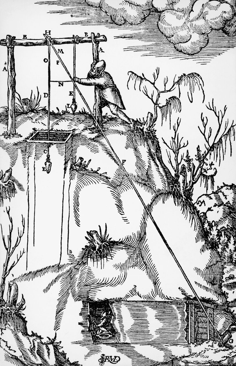 Gravyr från De re metallica (Om metallernas natur), av Georg Pawer eller Georgius Agricola (1494-1555), publicerad i Basel av German School