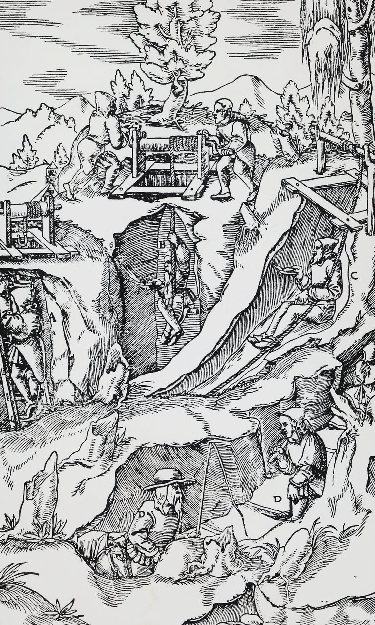 Gravyr från De re metallica (Om metallernas natur), av Georg Pawer eller Georgius Agricola (1494-1555), publicerad i Basel av German School
