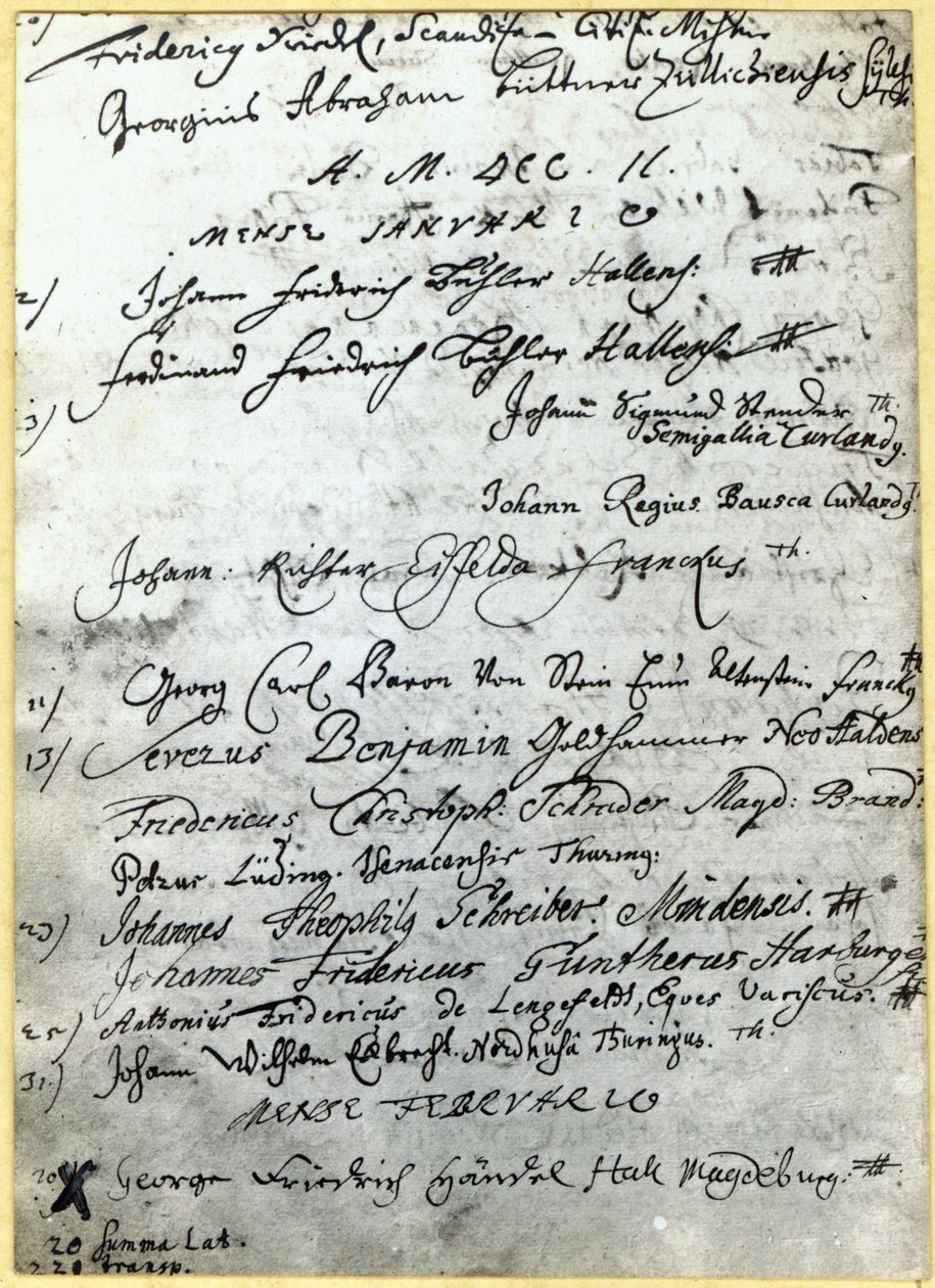 Anteckning i Halle universitets register, som visar Händels namn, 1702 av German School