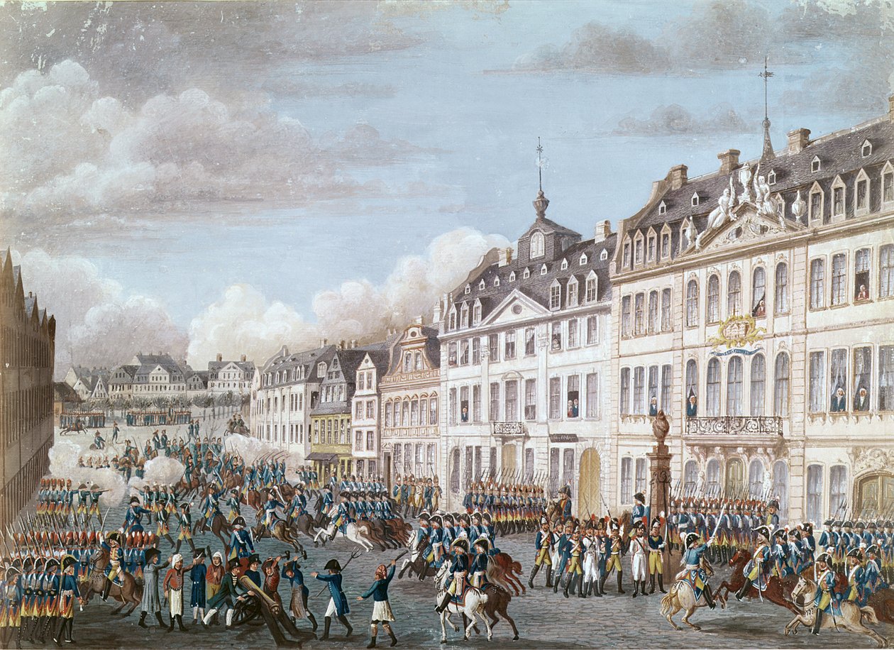 Preussens och Hessens förenade trupper inträde i Frankfurt den 2 december 1792 (gouache) av German School