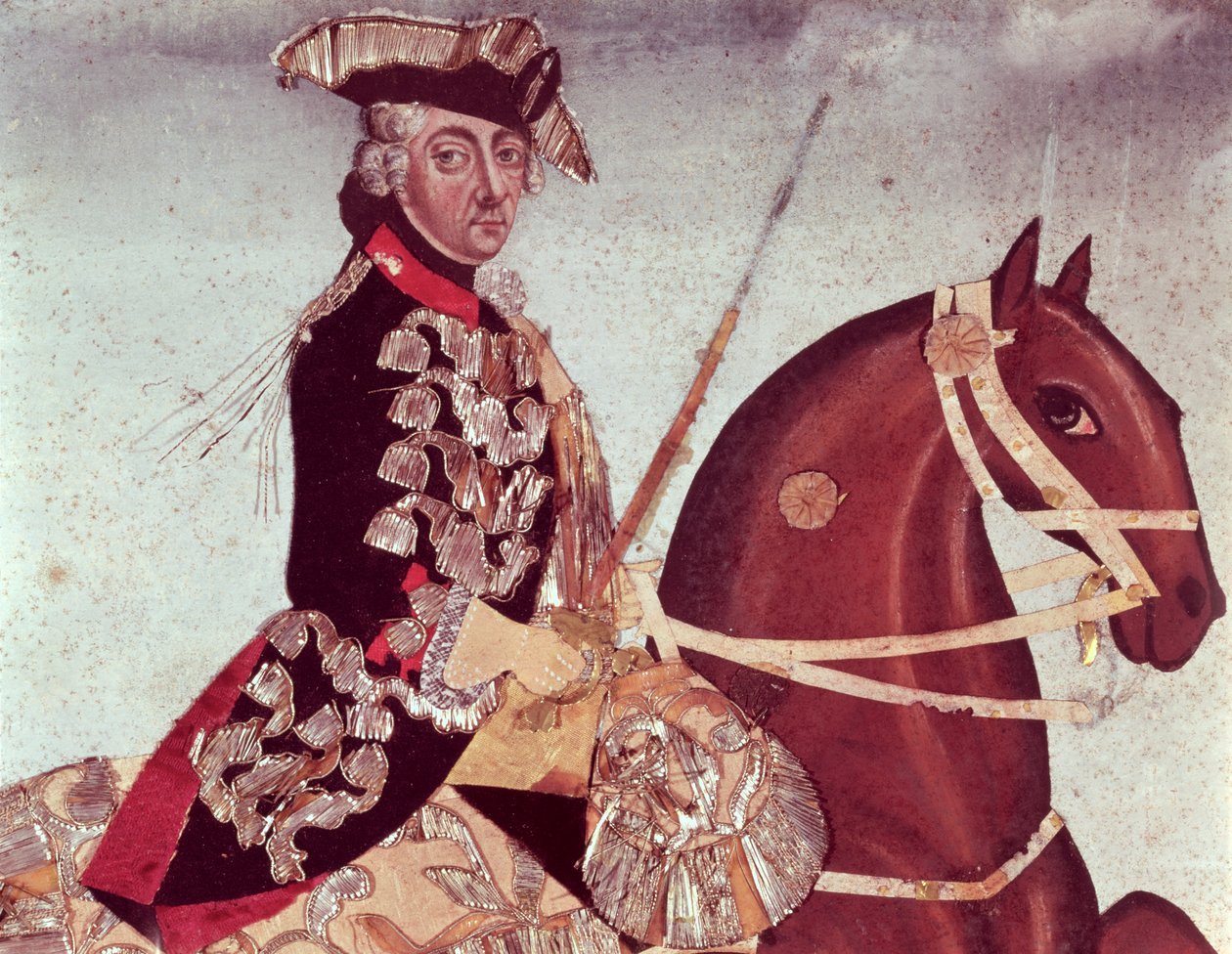 Ridsporträtt av kung Fredrik den Store av Preussen (1712-86) (wc och guldtråd på papper) av German School