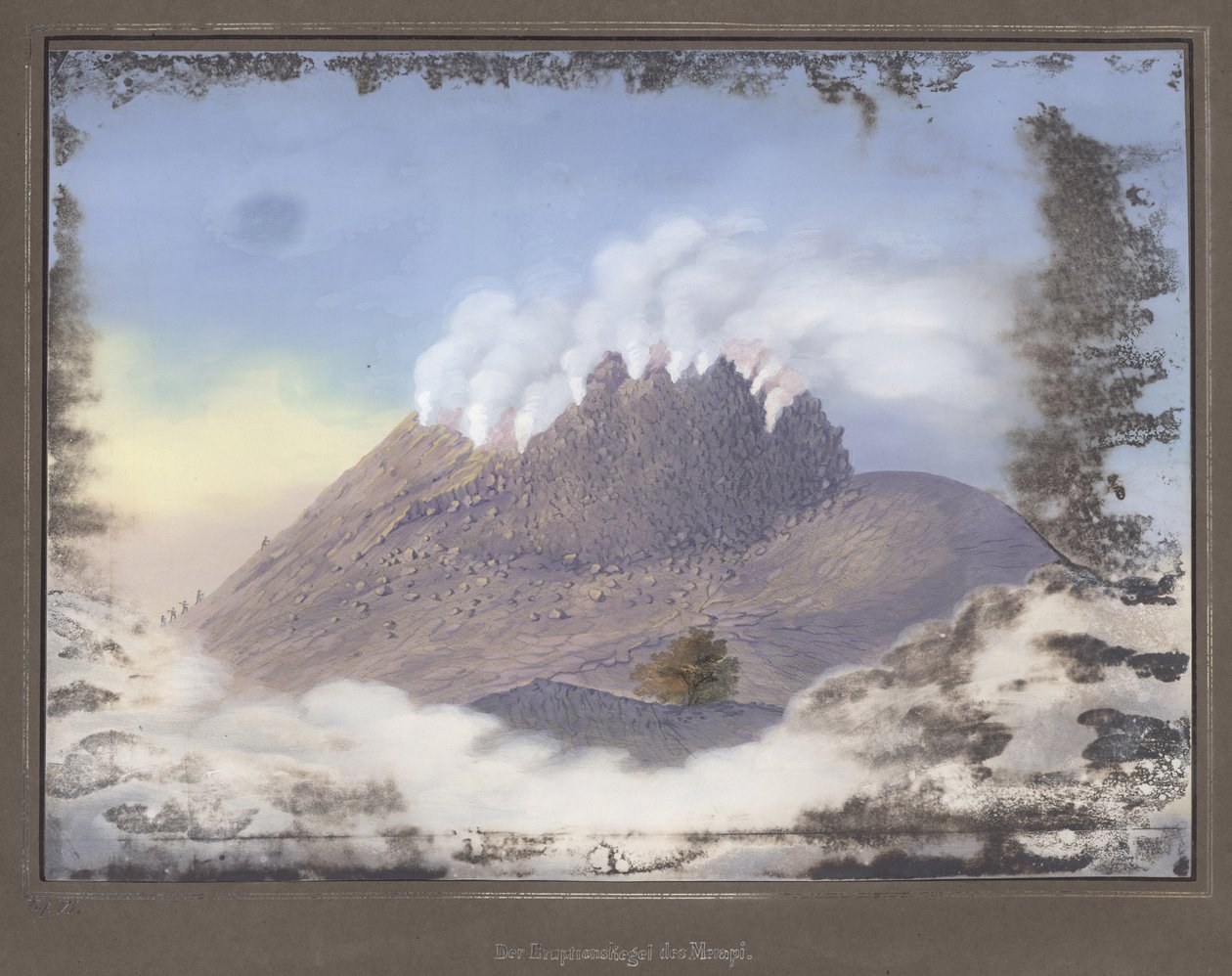 Utbrott vid Merapi-vulkanen med utsikt över kraterns östra ände, november 1836, pl.VI från topografisk och vetenskaplig atlas på resan genom Java, av Dr. Fru Junghuhn, Magdebu av German School