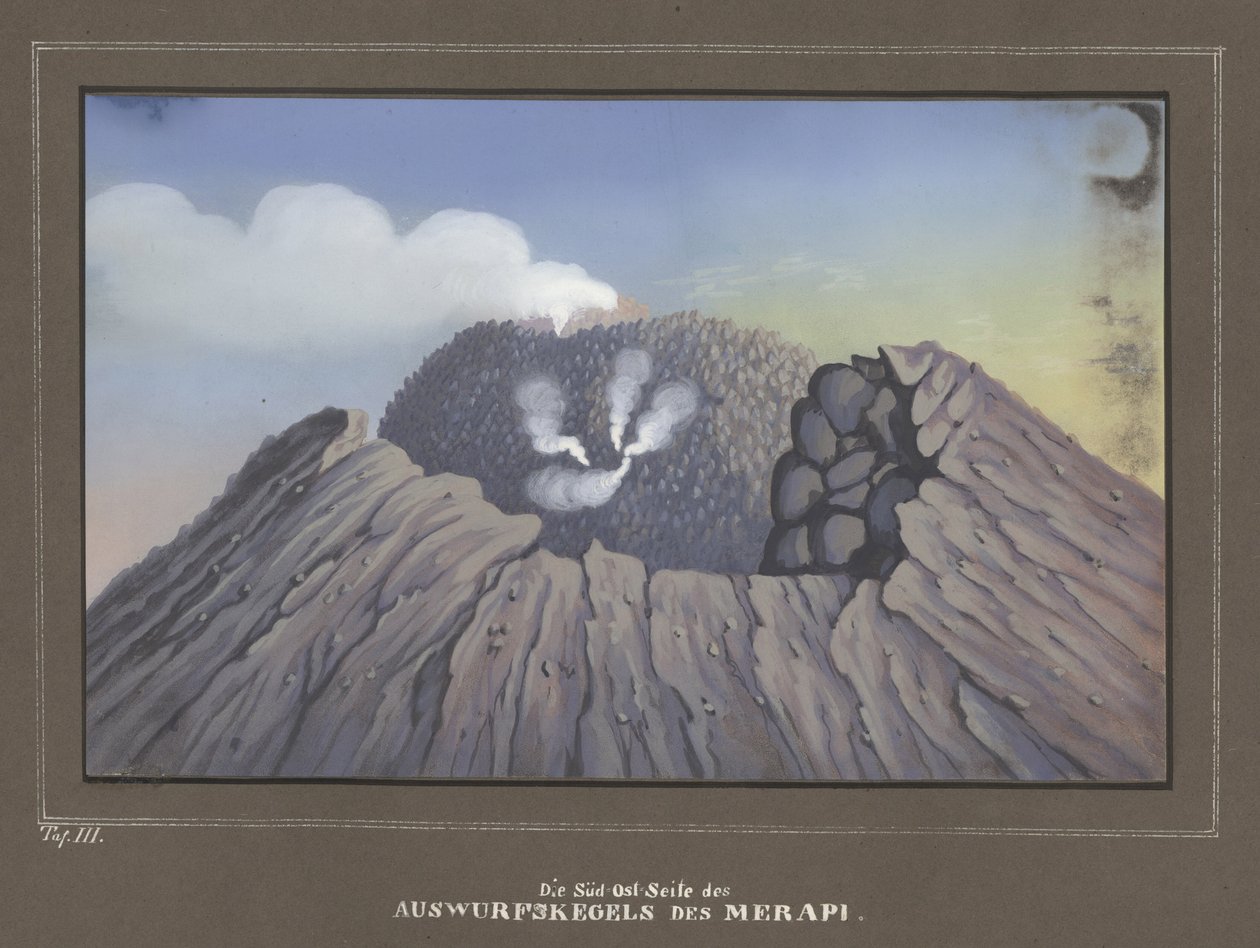 Utbrott från Mount Merapi, Pl.III, topografisk och vetenskaplig atlas för resan genom Java, av Dr.Fr.Junghuhn, Magdeburg 1845 av German School