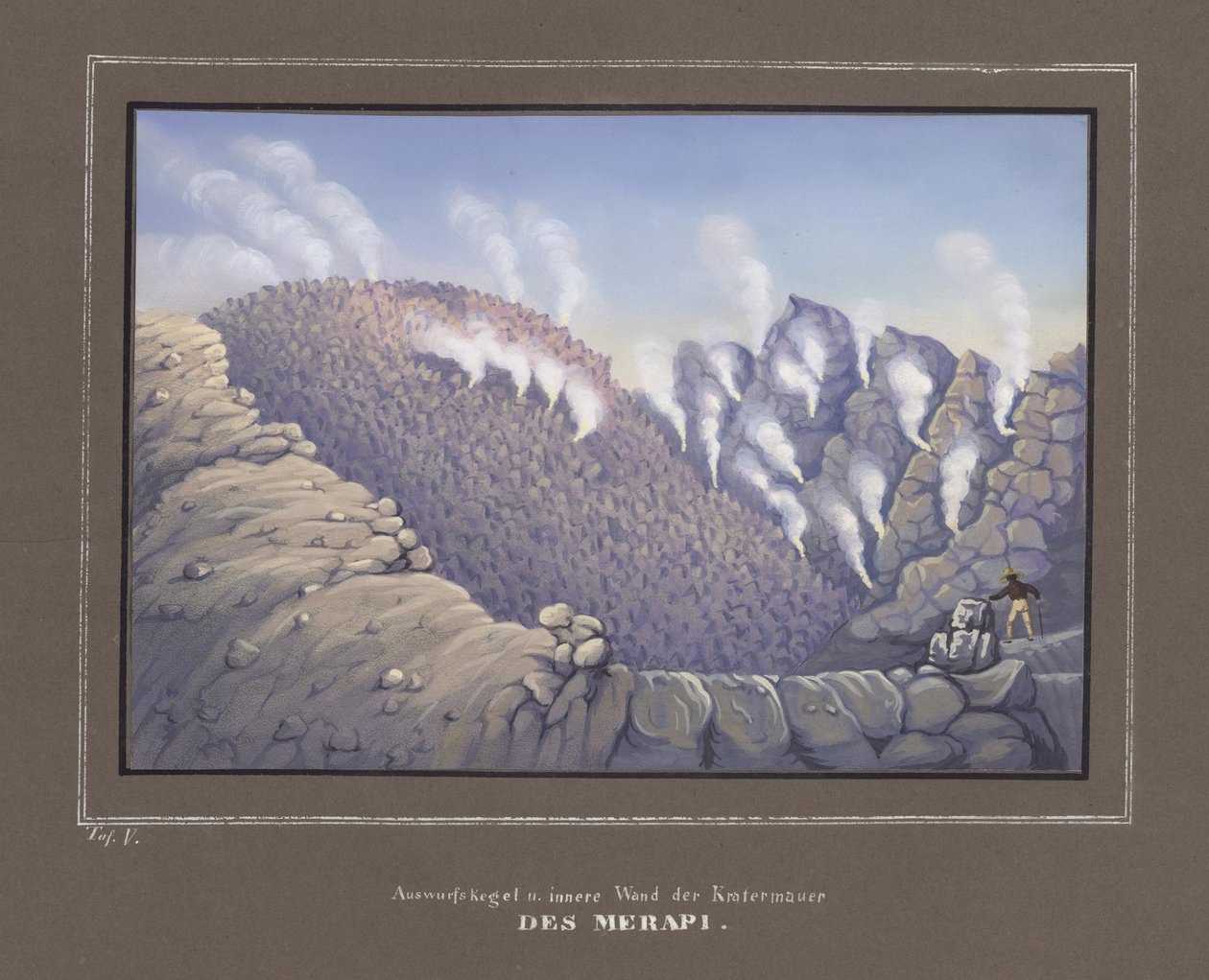 Utbrott och innervägg av Merapi-vulkanen, Pl. V från, Topografisk och naturvetenskaplig atlas på resan genom Java, av Dr.Fr.Junghuhn, Magdeburg 1845 av German School
