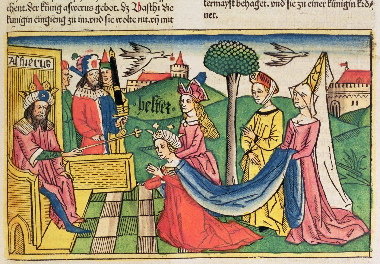 Esther 2 15-18, Ester är vald till drottning av den persiske kungen Ahasveros, från Nürnbergbibeln (Biblia Sacra Germanaica) (färgat träsnitt) av German School