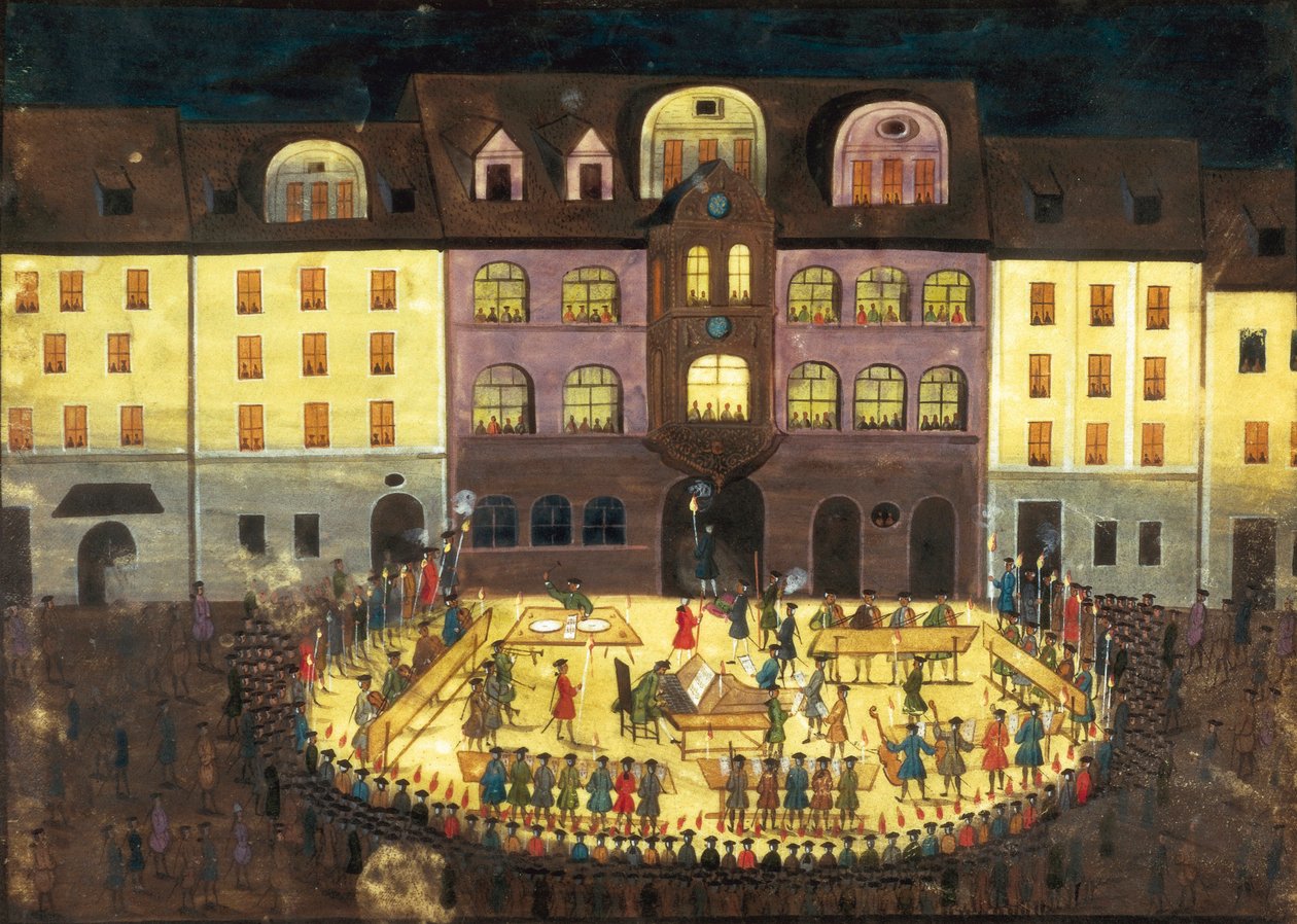 Kvällsmusik på en musikhögskola i Hamburg, ca 1740 (olja på duk) av German School