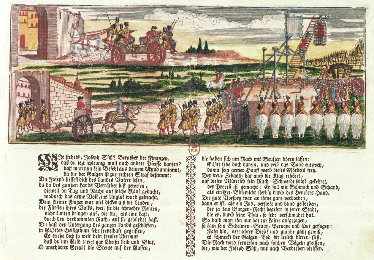 Avrättning av Joseph Süss Oppenheimer 1738 (färgat träsnitt) av German School