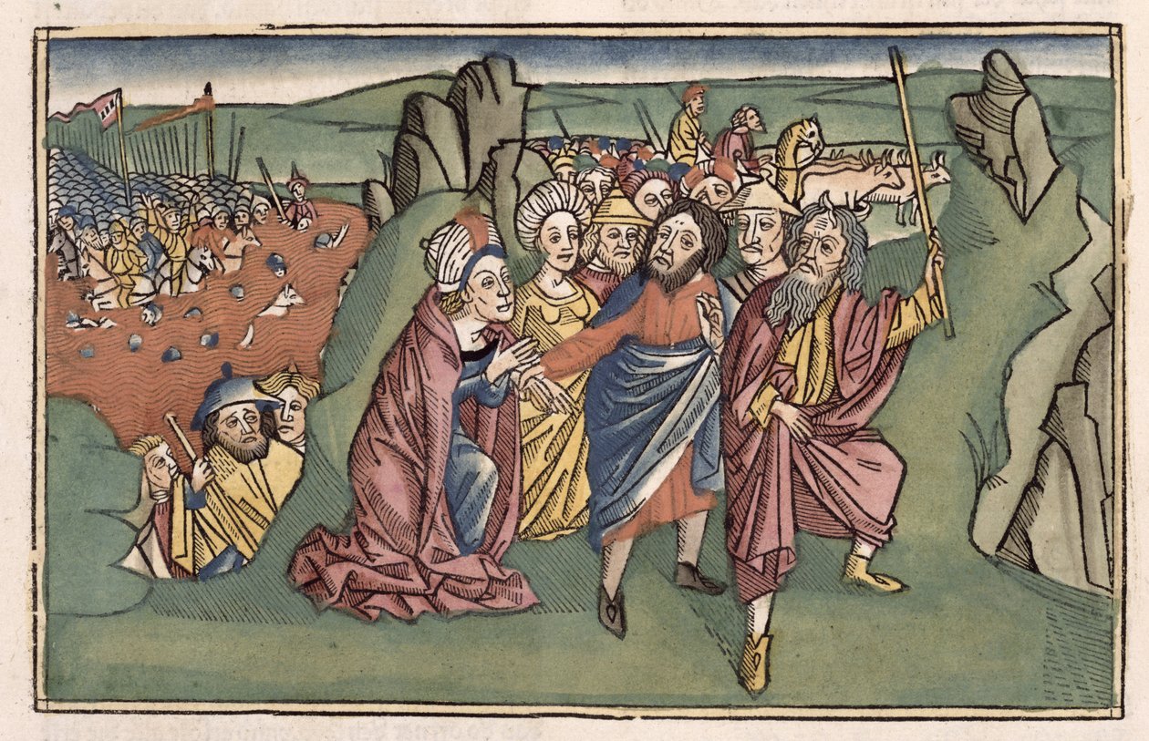 2 Mosebok 14 Moses och israeliterna korsar Röda havet, från Nürnbergbibeln (Biblia Sacra Germanaica) (färgat träsnitt) av German School