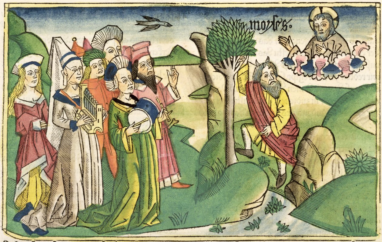 2 Mosebok 15 1-19 Moses sång, från Nürnbergbibeln (Biblia Sacra Germanaica) (färgat träsnitt) av German School