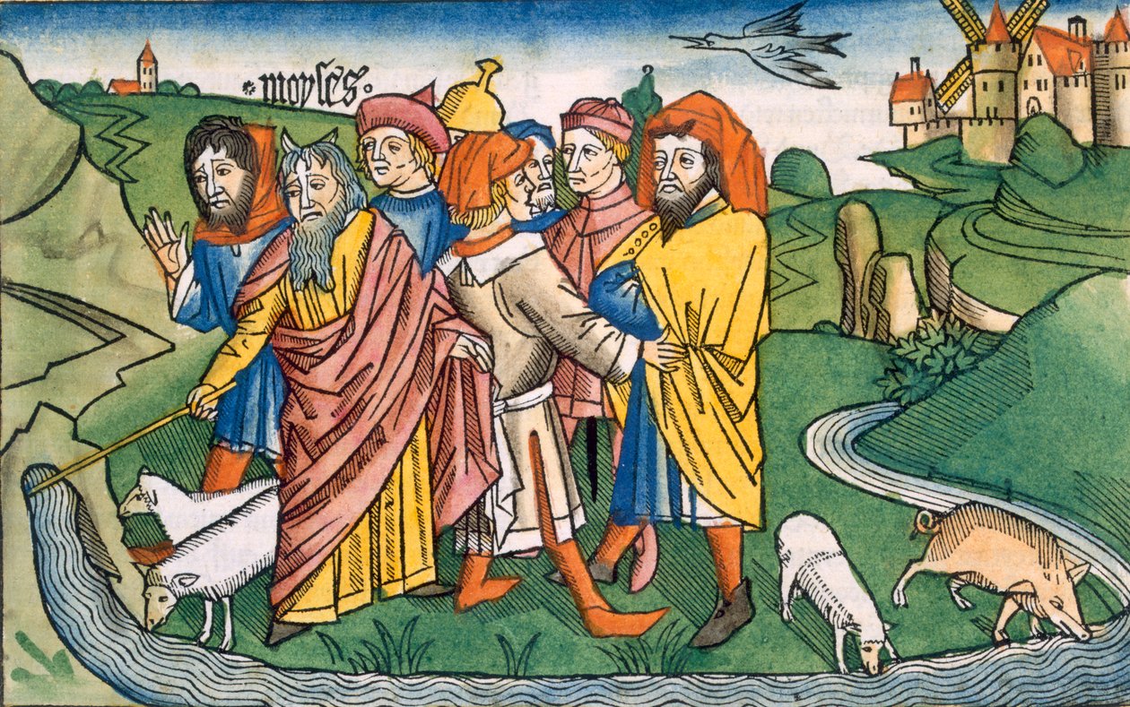 2 Mosebok 17 1-7 Moses får vattnet att rinna från Harebs klippor, från Nürnbergbibeln (Biblia Sacra Germanaica) (färgat träsnitt) av German School