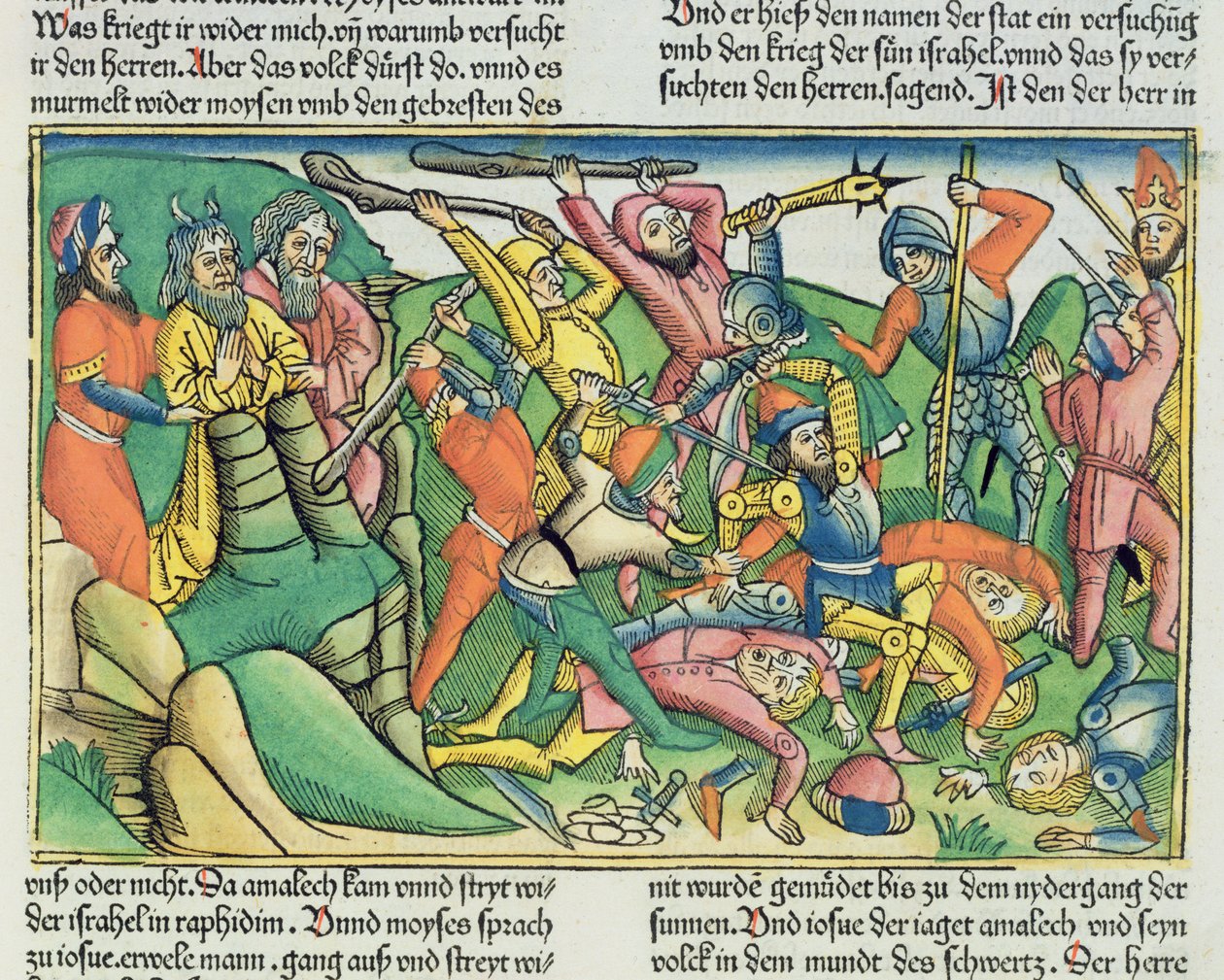 2 Mosebok 17 8-15 Aron och Hur stödjer Moses händer för att säkerställa israeliternas seger över amalekiterna, från Nürnbergbibeln (Biblia Sacra Germanaica) (färgat träsnitt) av German School