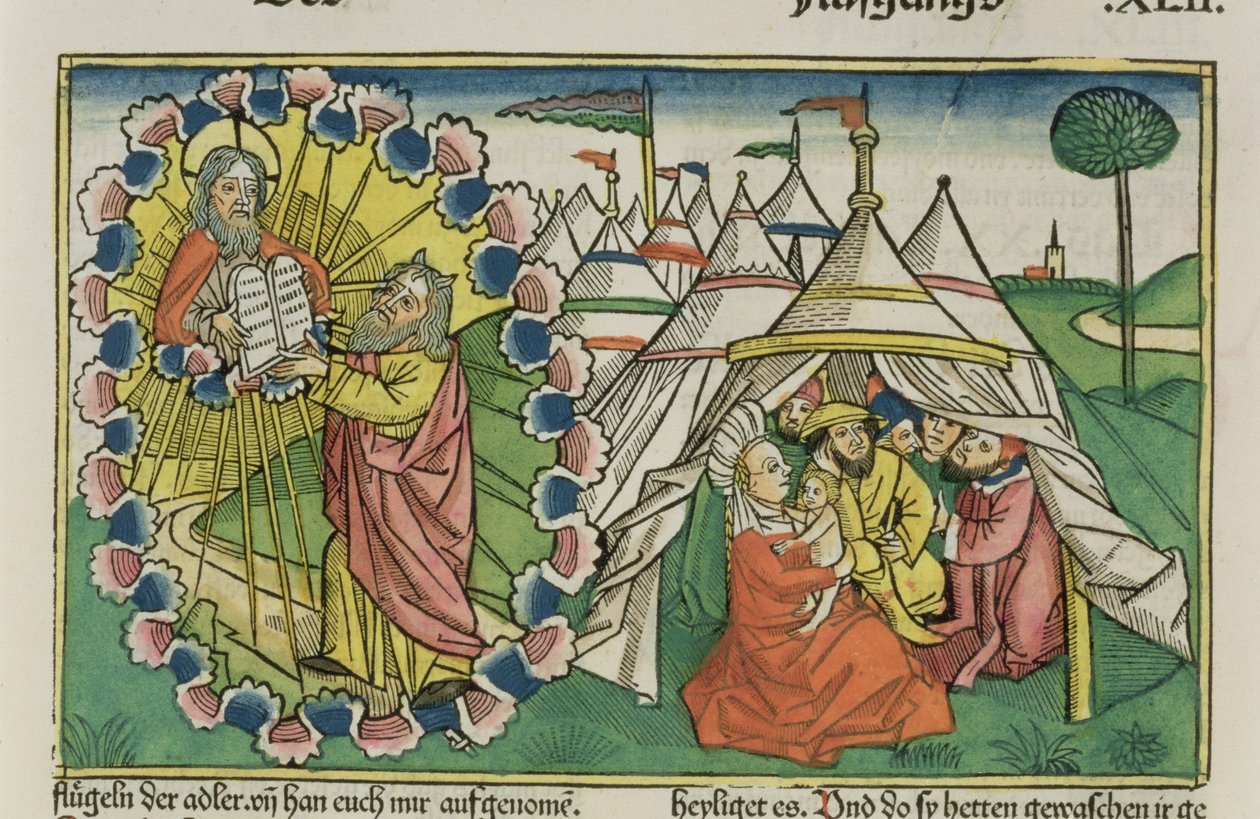 2 Mosebok 20 1-5 Moses tar emot de tio budorden, från Nürnbergbibeln (Biblia Sacra Germanaica) (färgat träsnitt) av German School