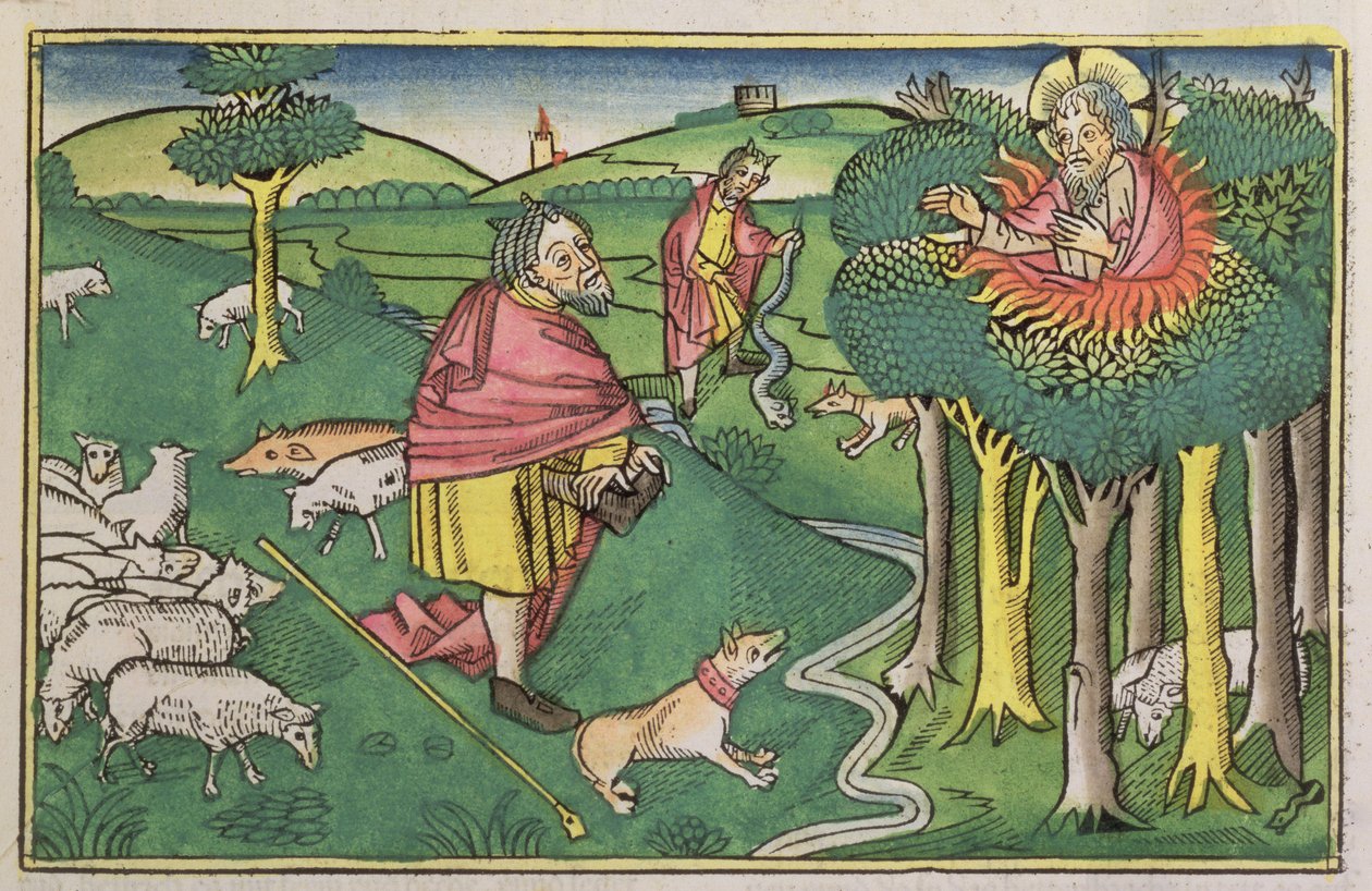 2 Mosebok 3 1-22 Den brinnande busken och 2 Mosebok 4 1-4 Gud beväpnar Moses med den mirakulösa staven, från Nürnbergbibeln (Biblia Sacra Germanaica) (färgat träsnitt) av German School